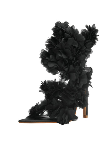 Stiletto Heels Black Sandals for Women with 3D Floral