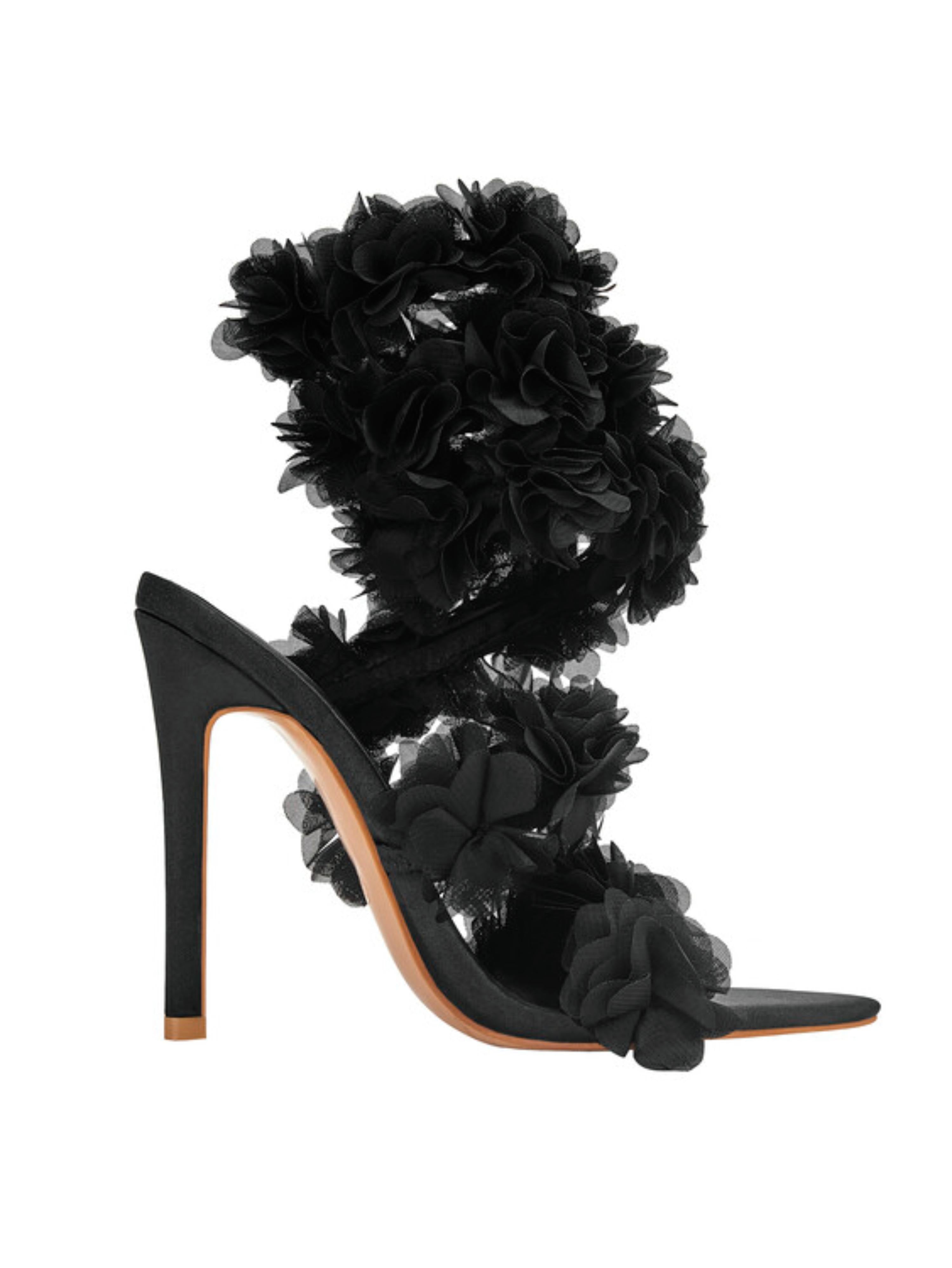 Stiletto Heels Black Sandals for Women with 3D Floral