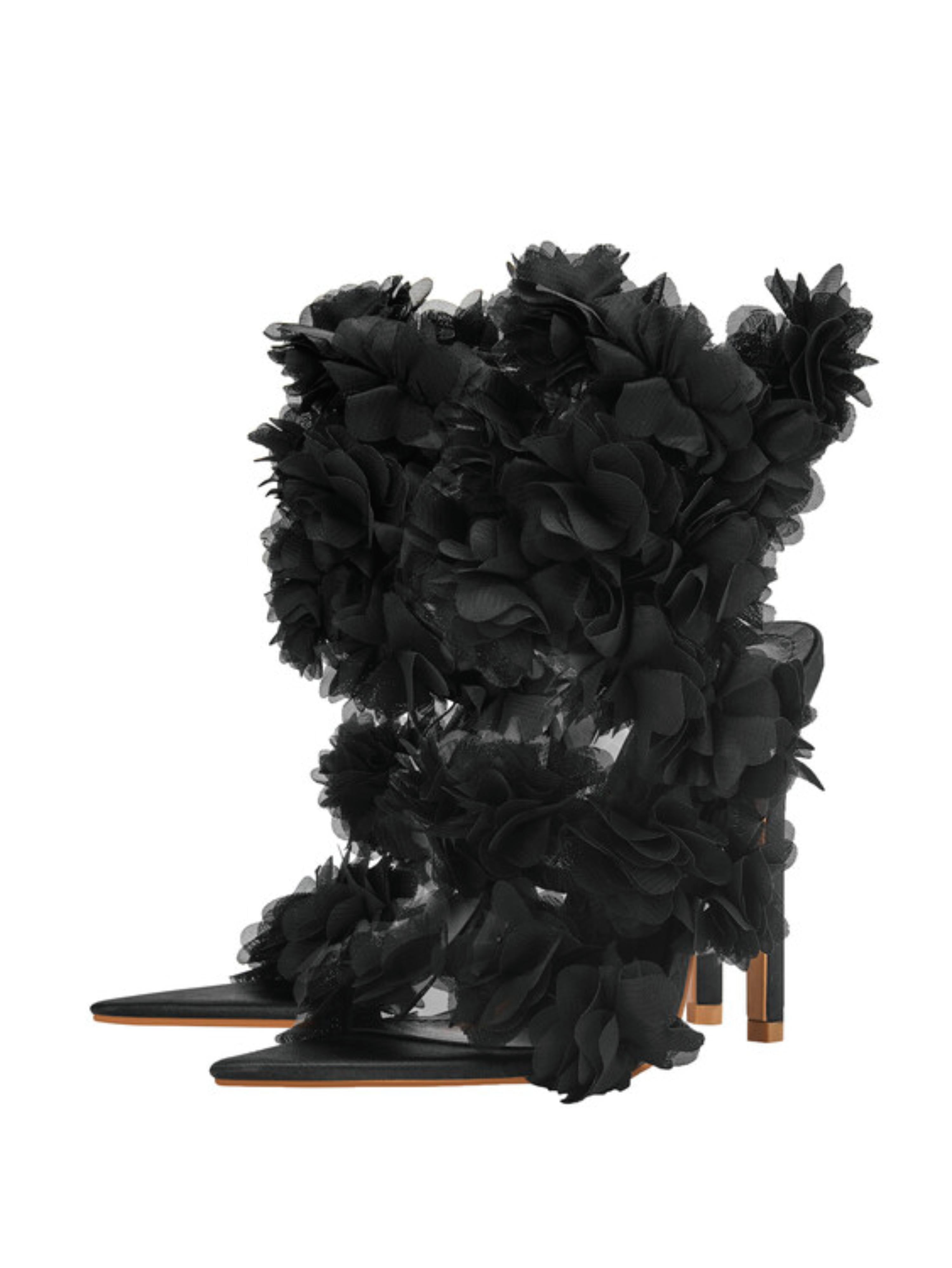 Stiletto Heels Black Sandals for Women with 3D Floral