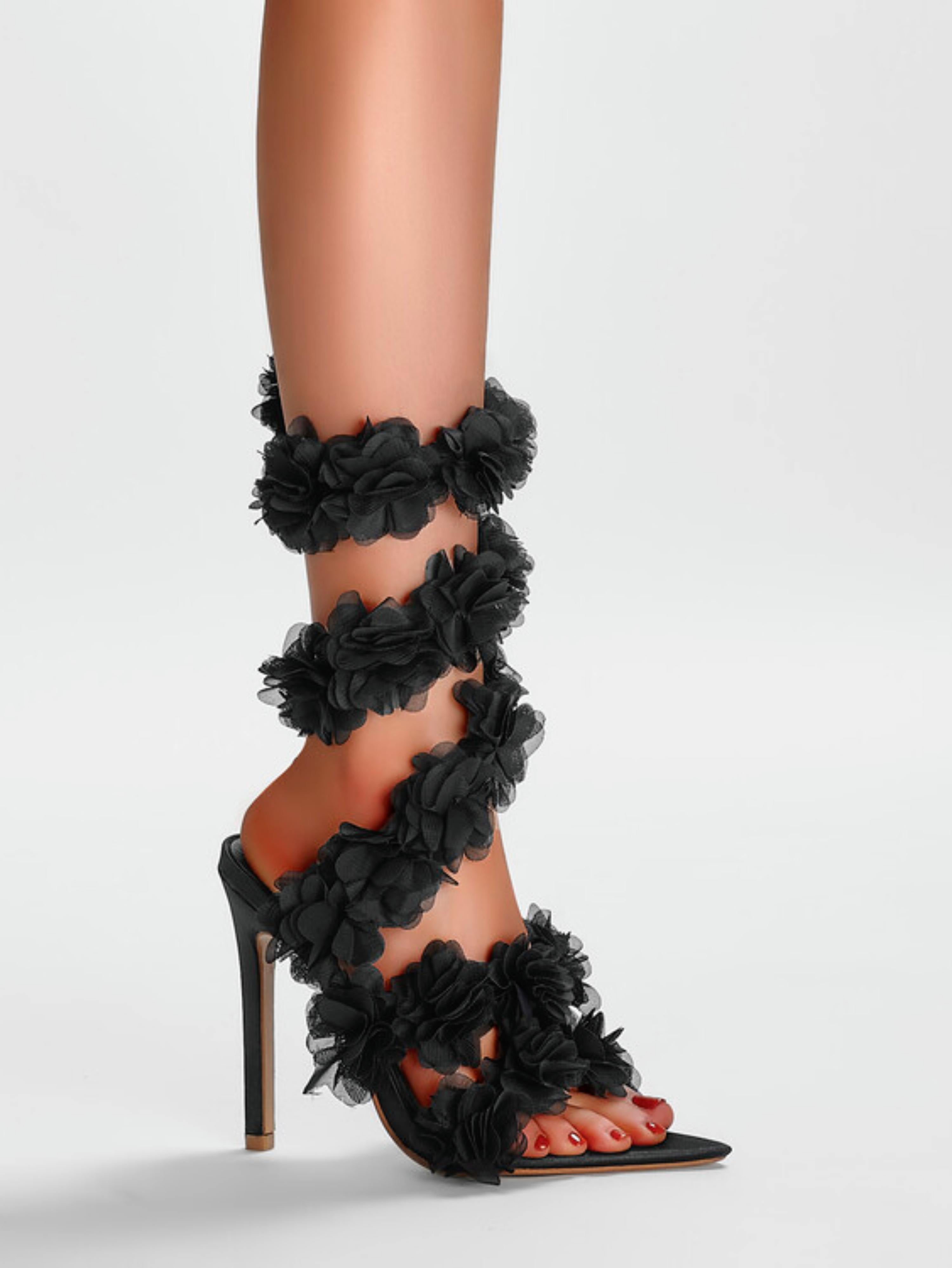 Stiletto Heels Black Sandals for Women with 3D Floral