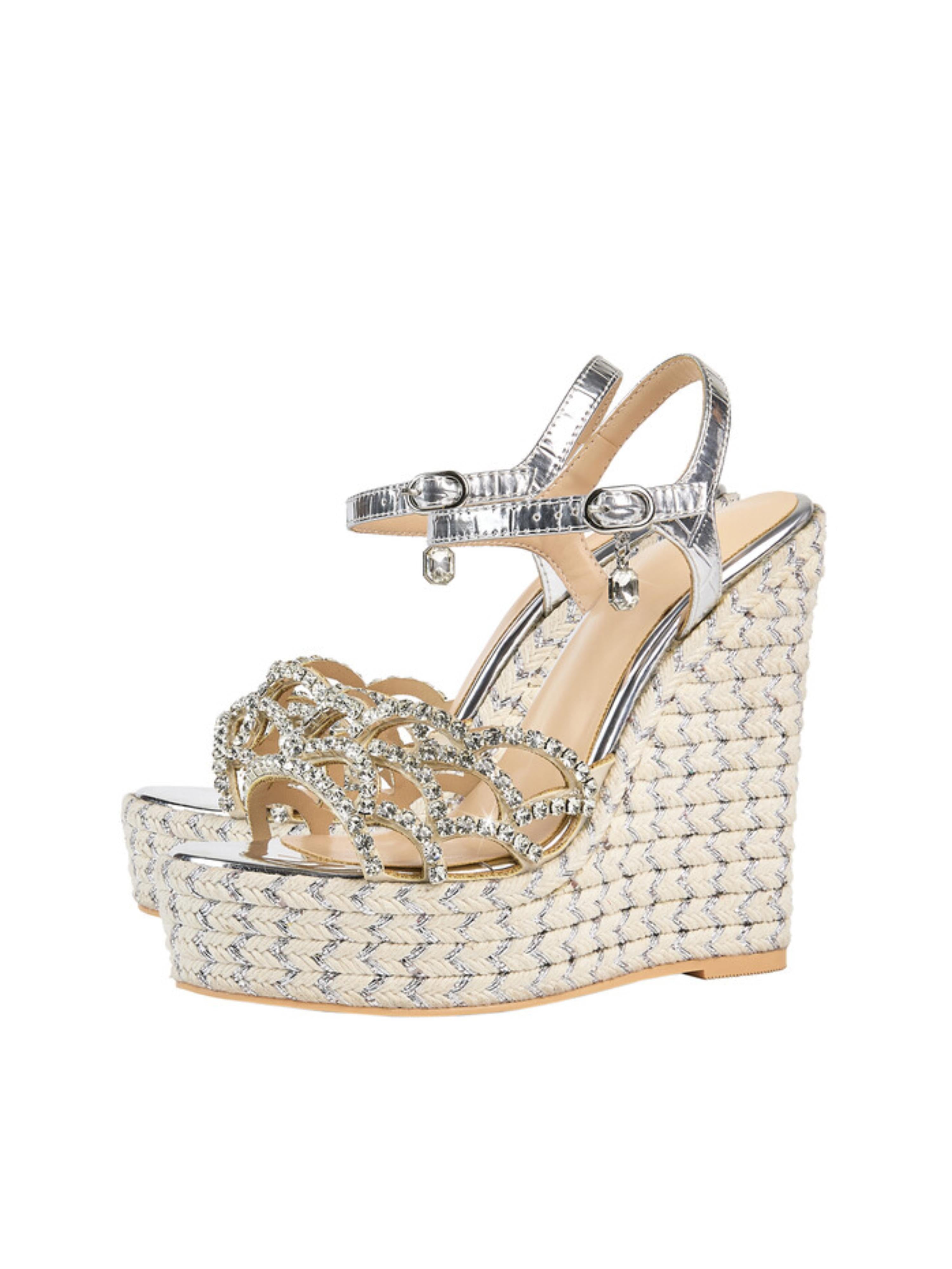 Rhinestone Espadrille Ankle Strap Metallic Silver Women Sandals