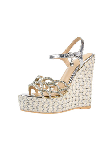 Rhinestone Espadrille Ankle Strap Metallic Silver Women Sandals