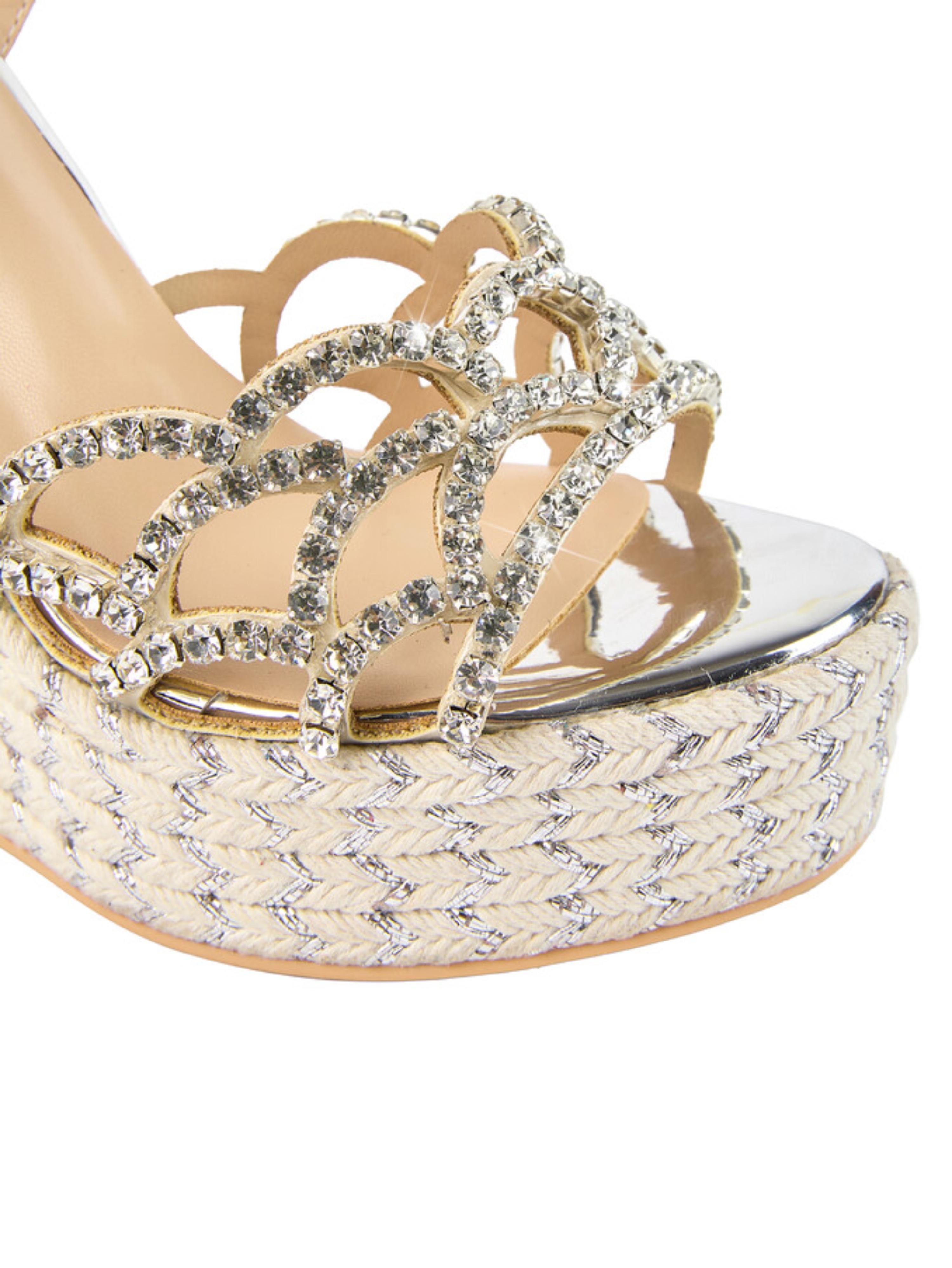 Rhinestone Espadrille Ankle Strap Metallic Silver Women Sandals