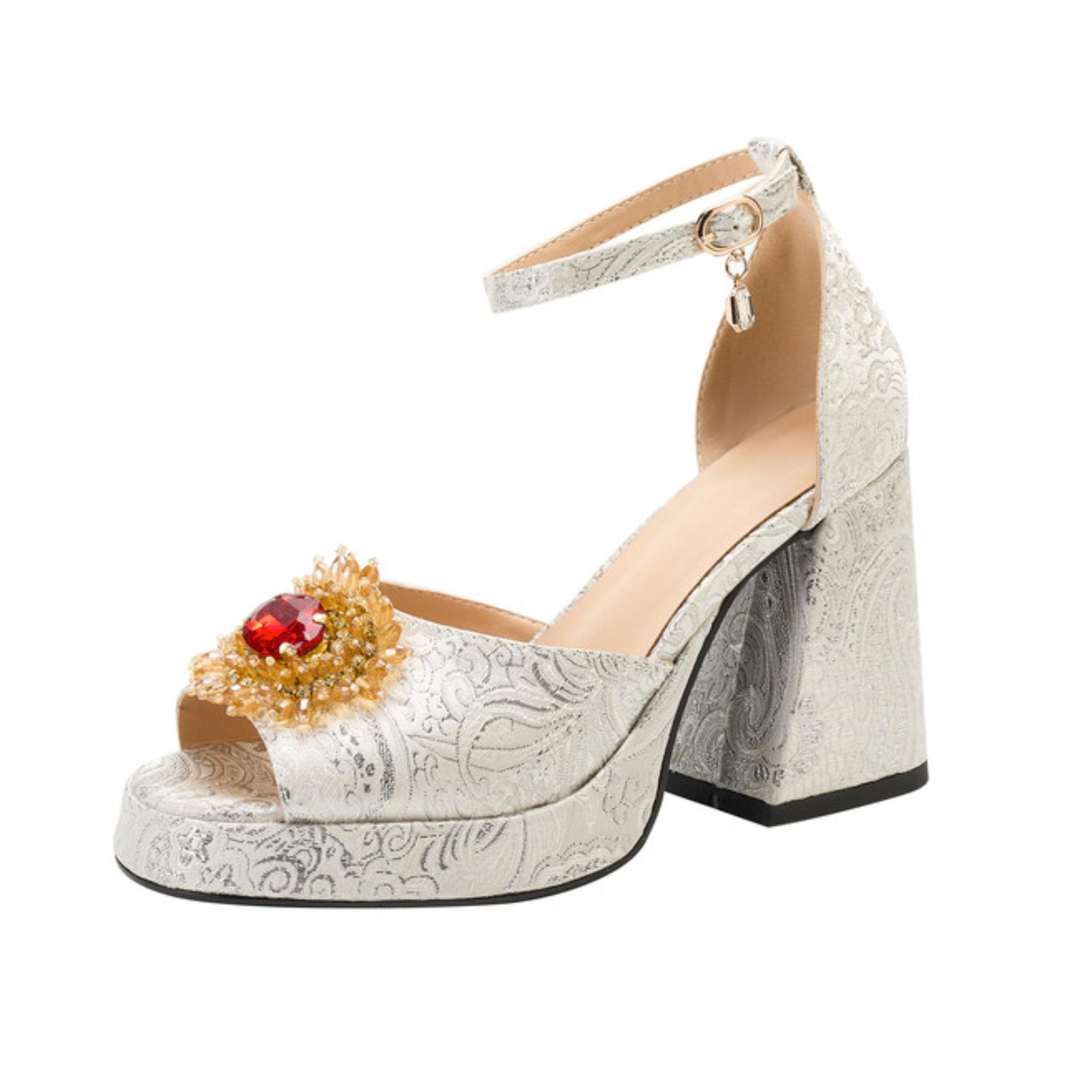 Silver Embossed Platform Women Sandals with Jewel Accent