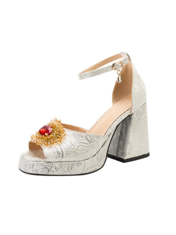 Silver Embossed Platform Women Sandals with Jewel Accent