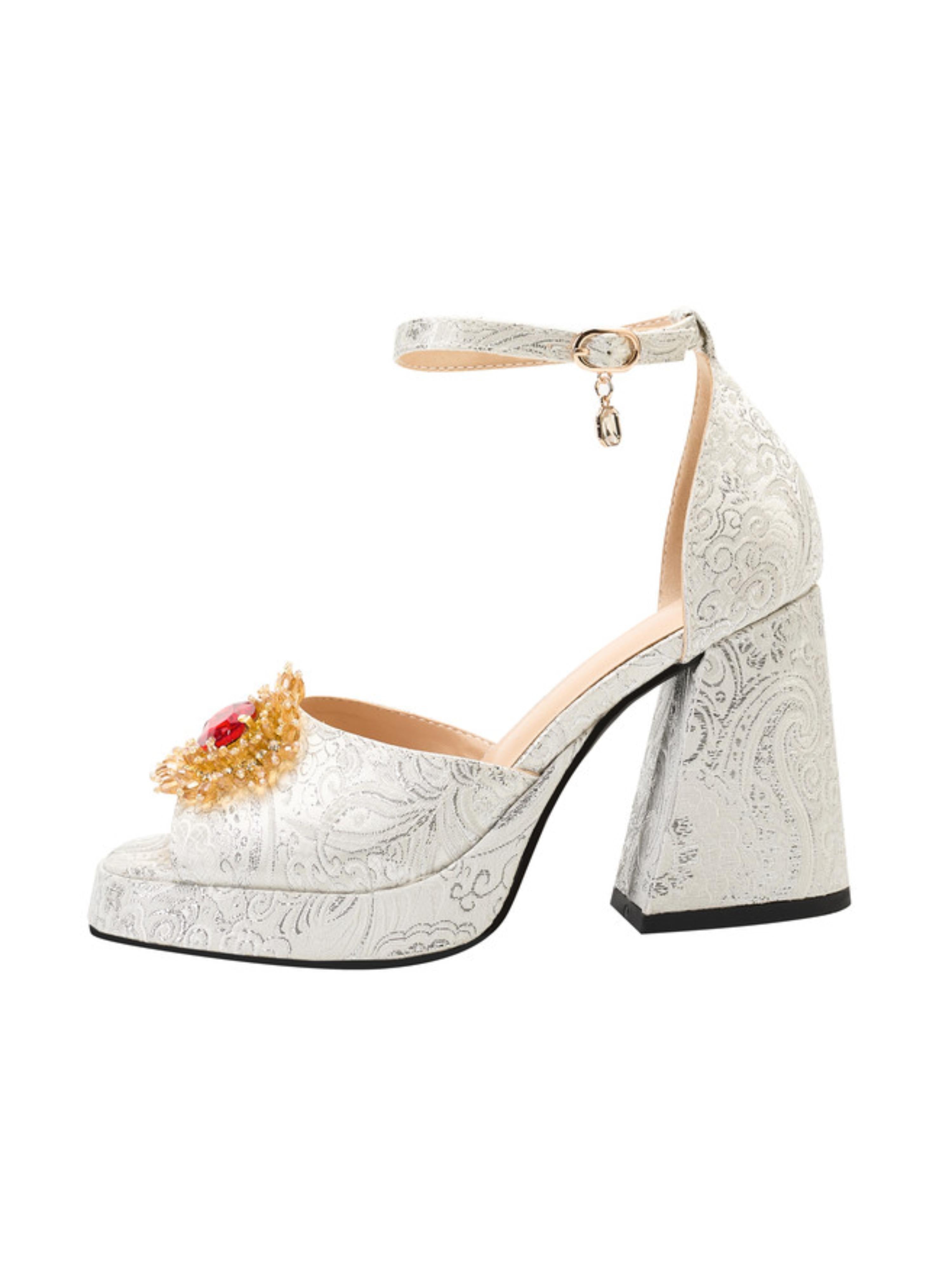 Silver Embossed Platform Women Sandals with Jewel Accent