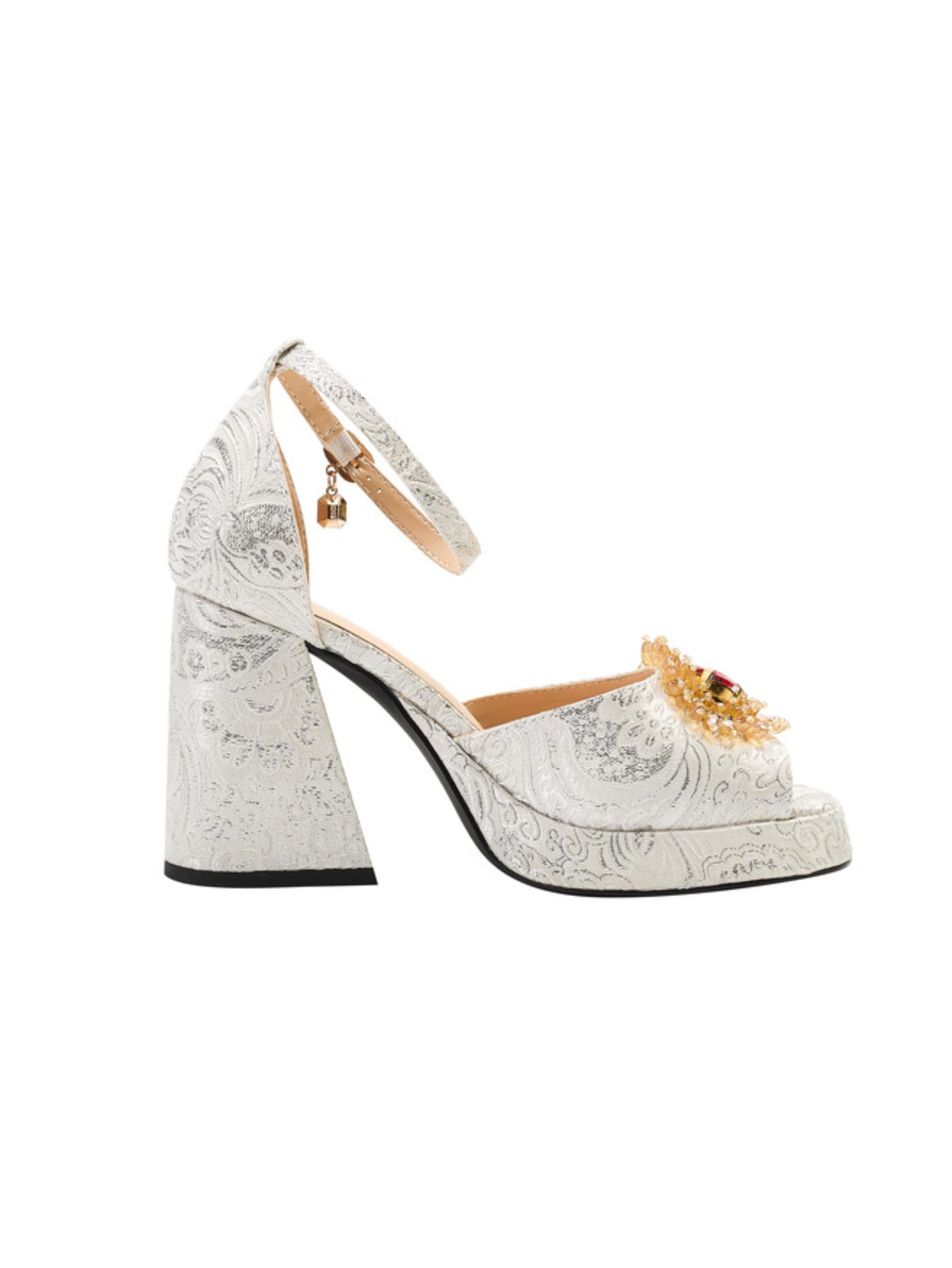 Silver Embossed Platform Women Sandals with Jewel Accent