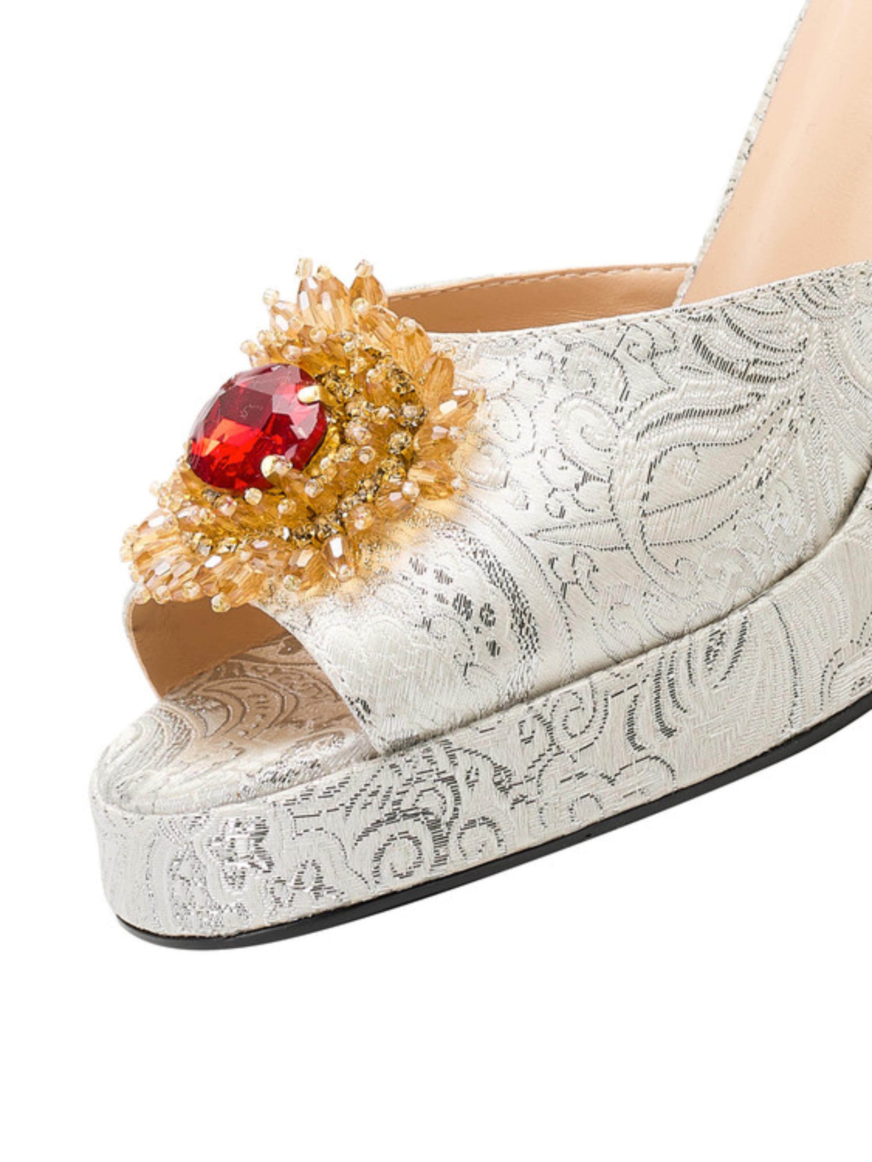 Silver Embossed Platform Women Sandals with Jewel Accent