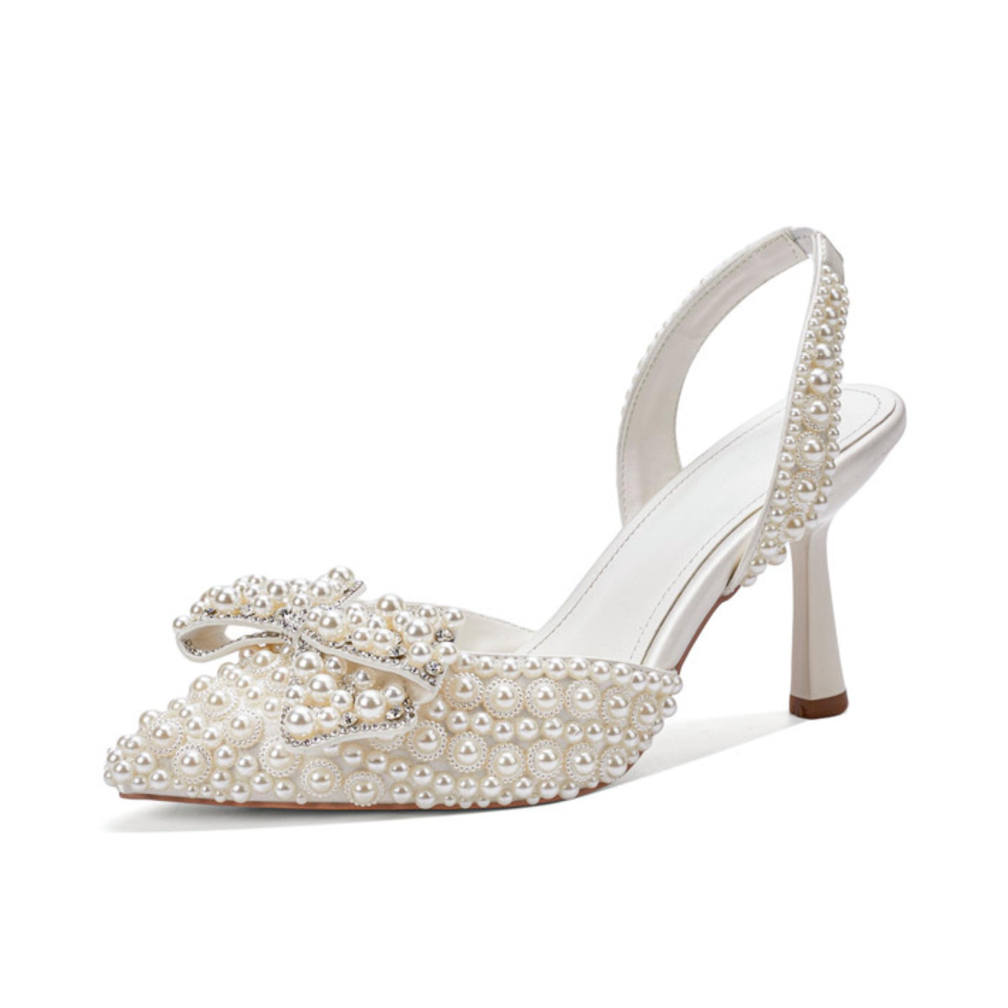 Pointed Toe Satin Heels Women White Pearl Sandals with Bow