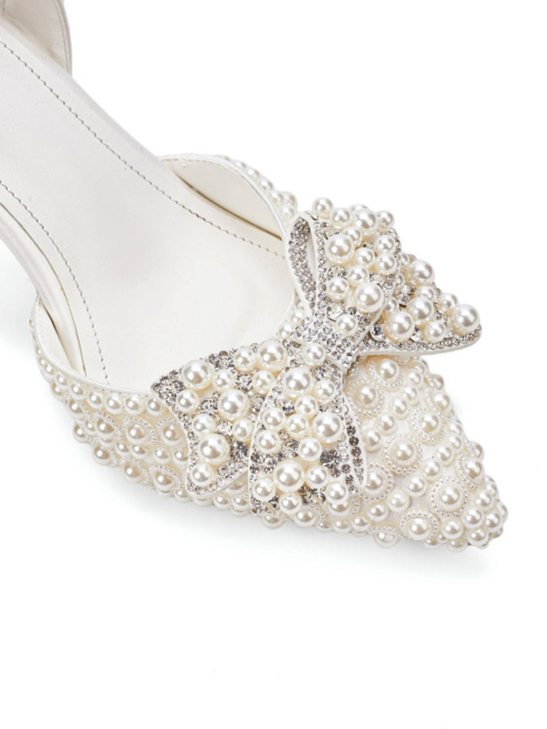 Pointed Toe Satin Heels Women White Pearl Sandals with Bow