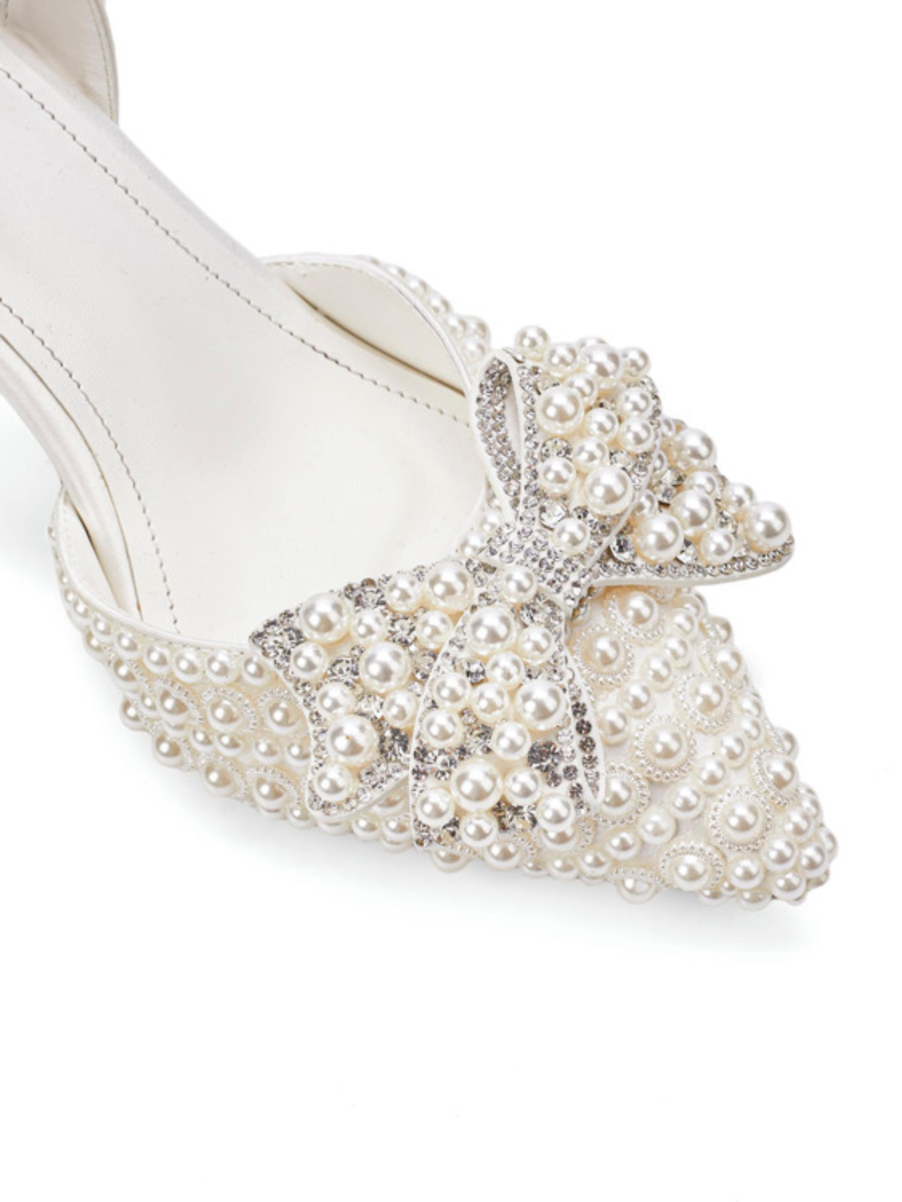 Pointed Toe Satin Heels Women White Pearl Sandals with Bow