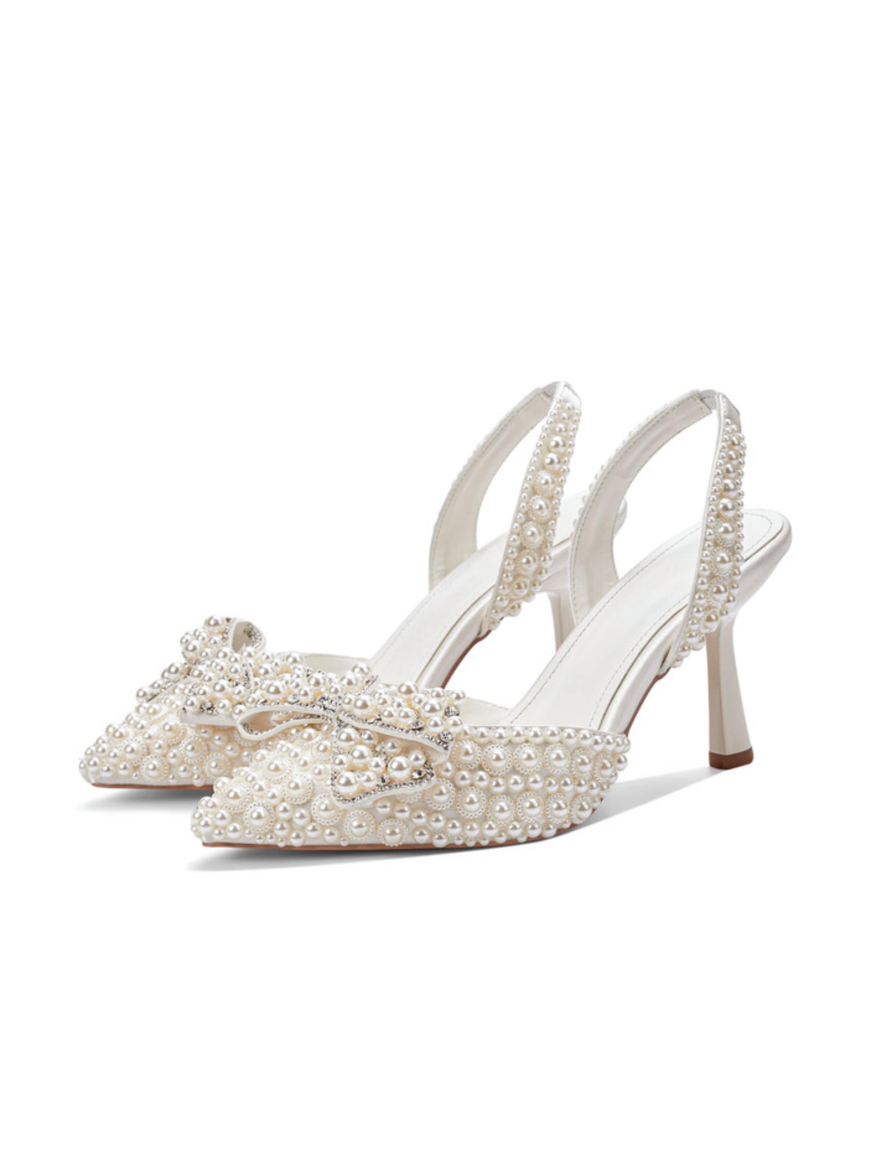 Pointed Toe Satin Heels Women White Pearl Sandals with Bow