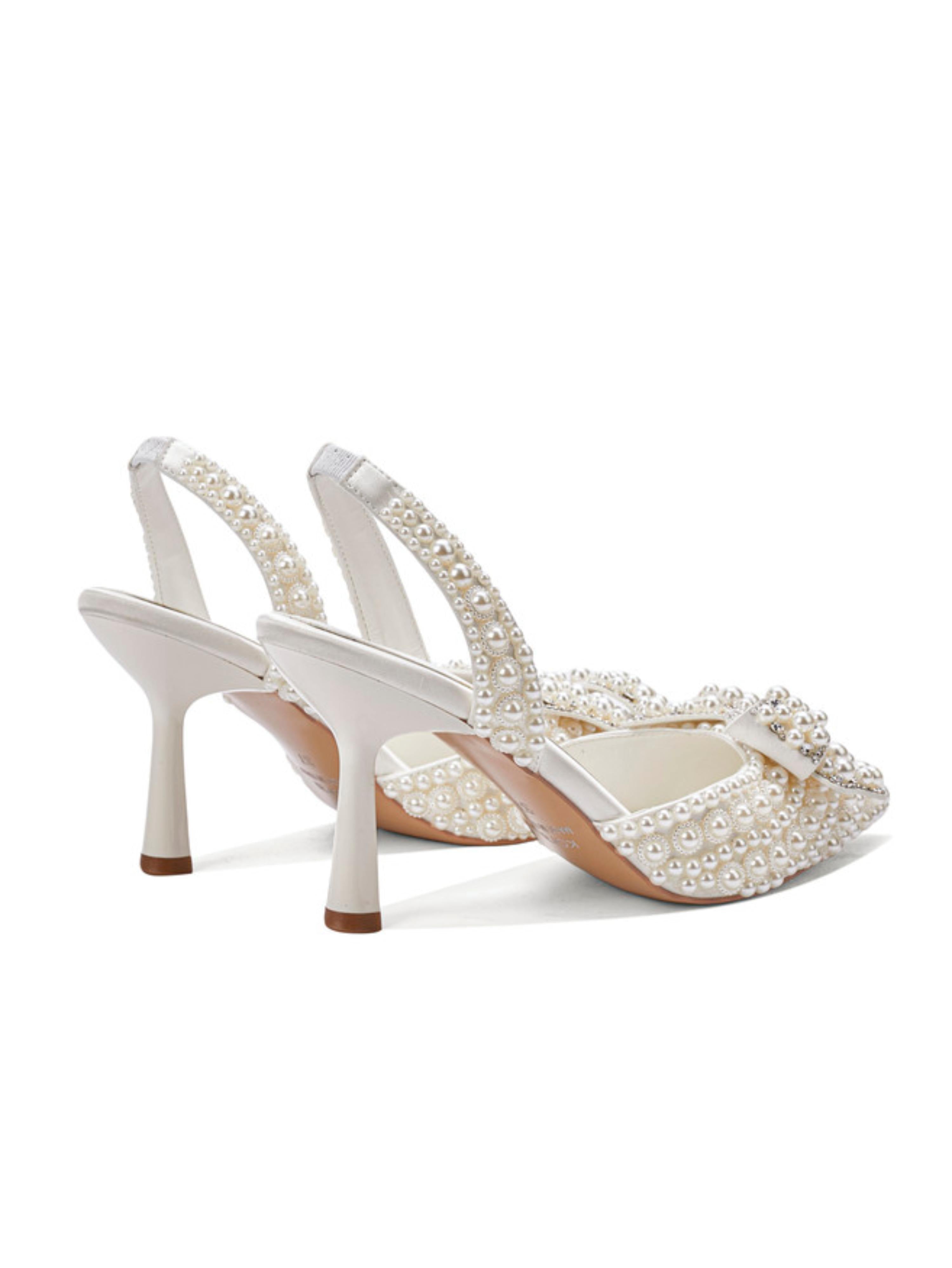 Pointed Toe Satin Heels Women White Pearl Sandals with Bow