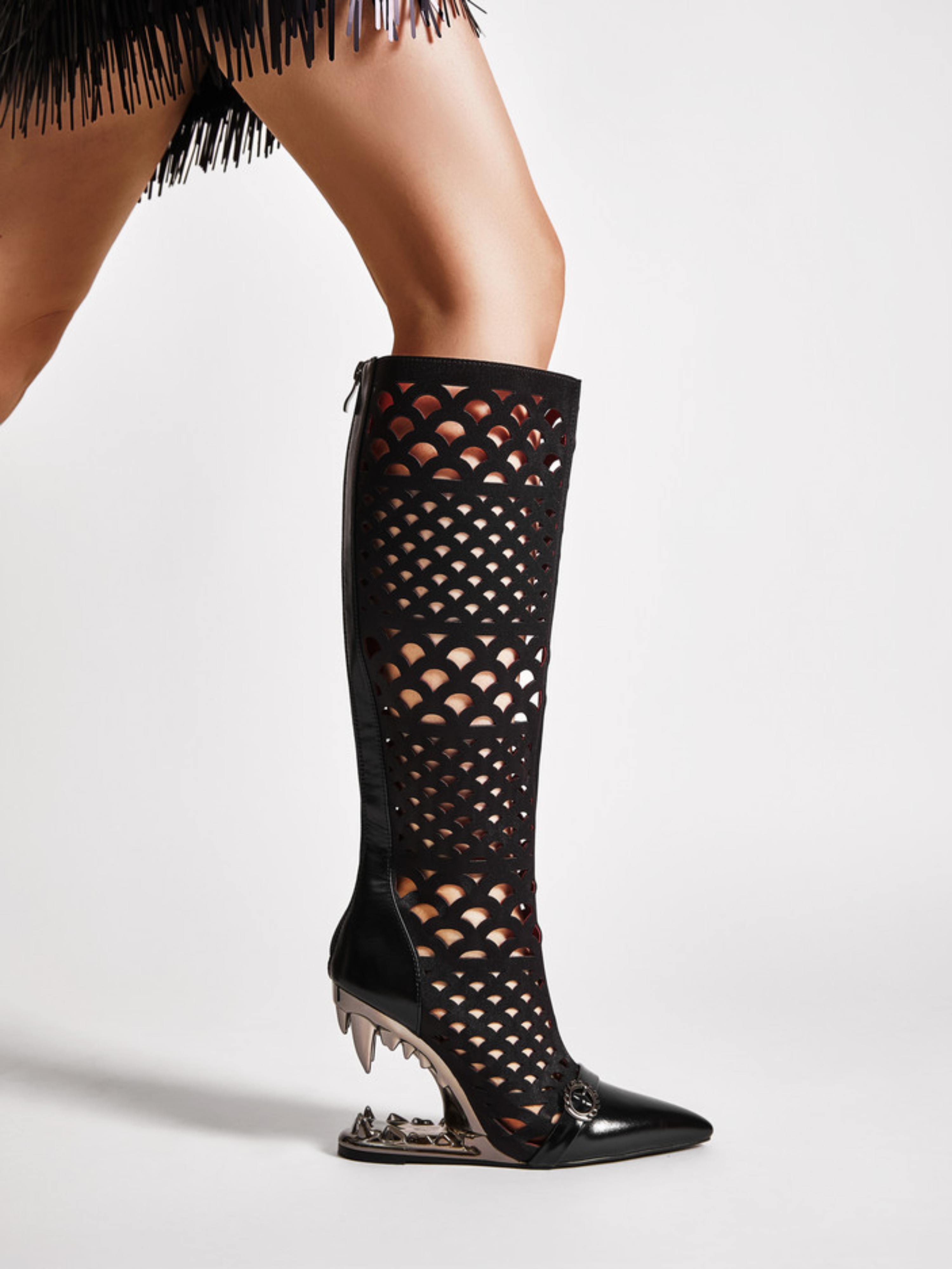 Fang Heel Cutout Knee-High Boots Women Black Sandals