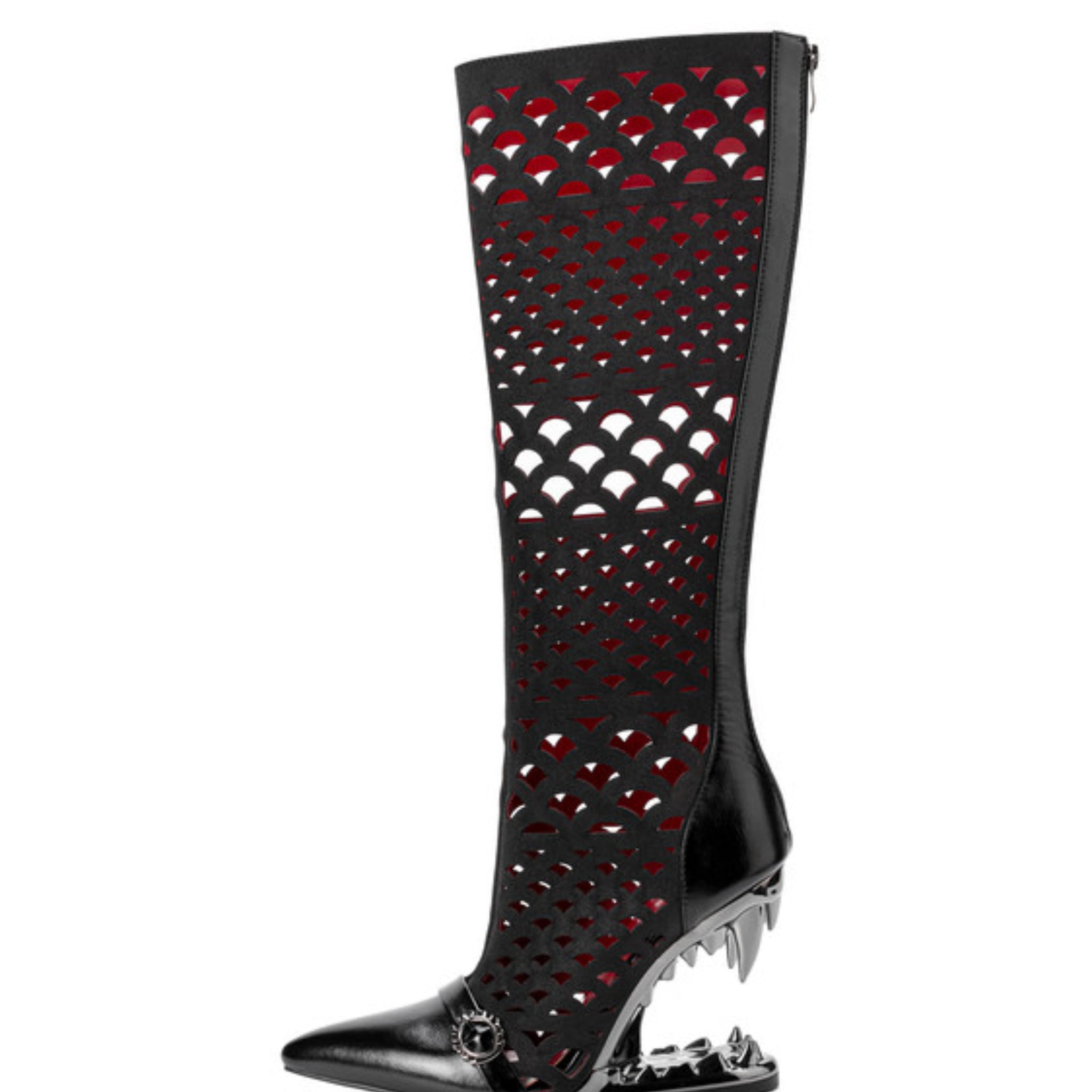 Fang Heel Cutout Knee-High Boots Women Black Sandals