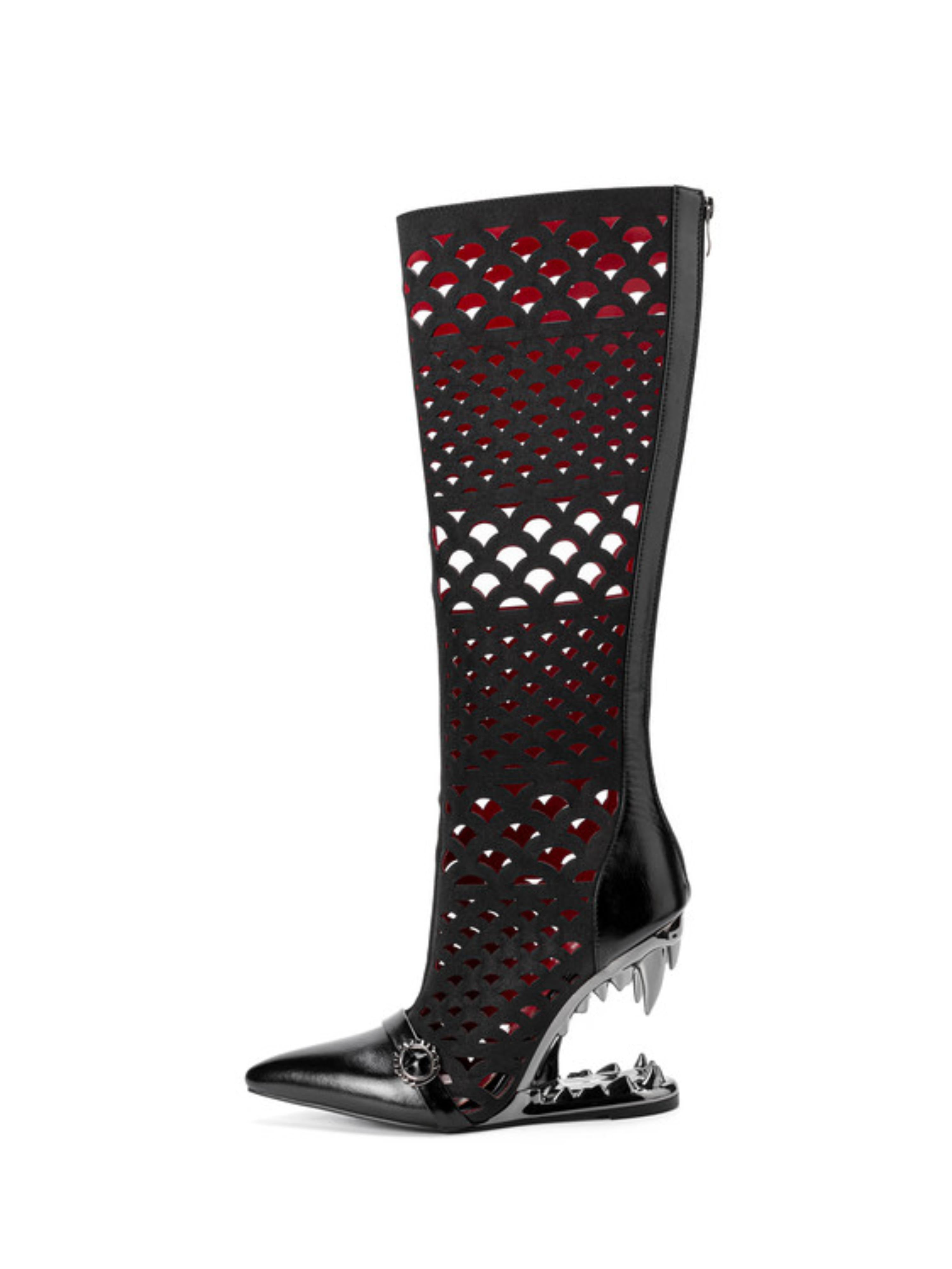 Fang Heel Cutout Knee-High Boots Women Black Sandals