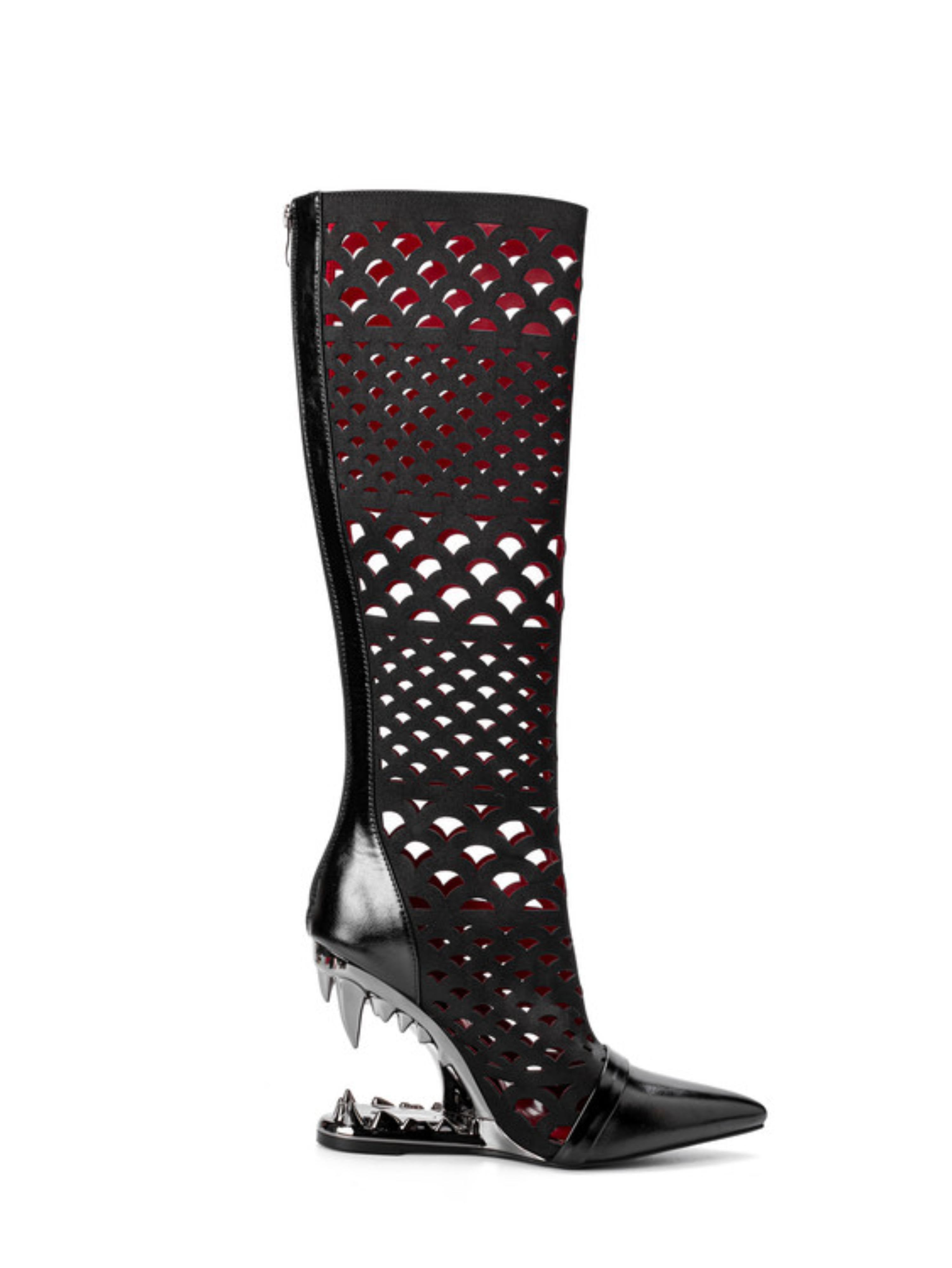 Fang Heel Cutout Knee-High Boots Women Black Sandals