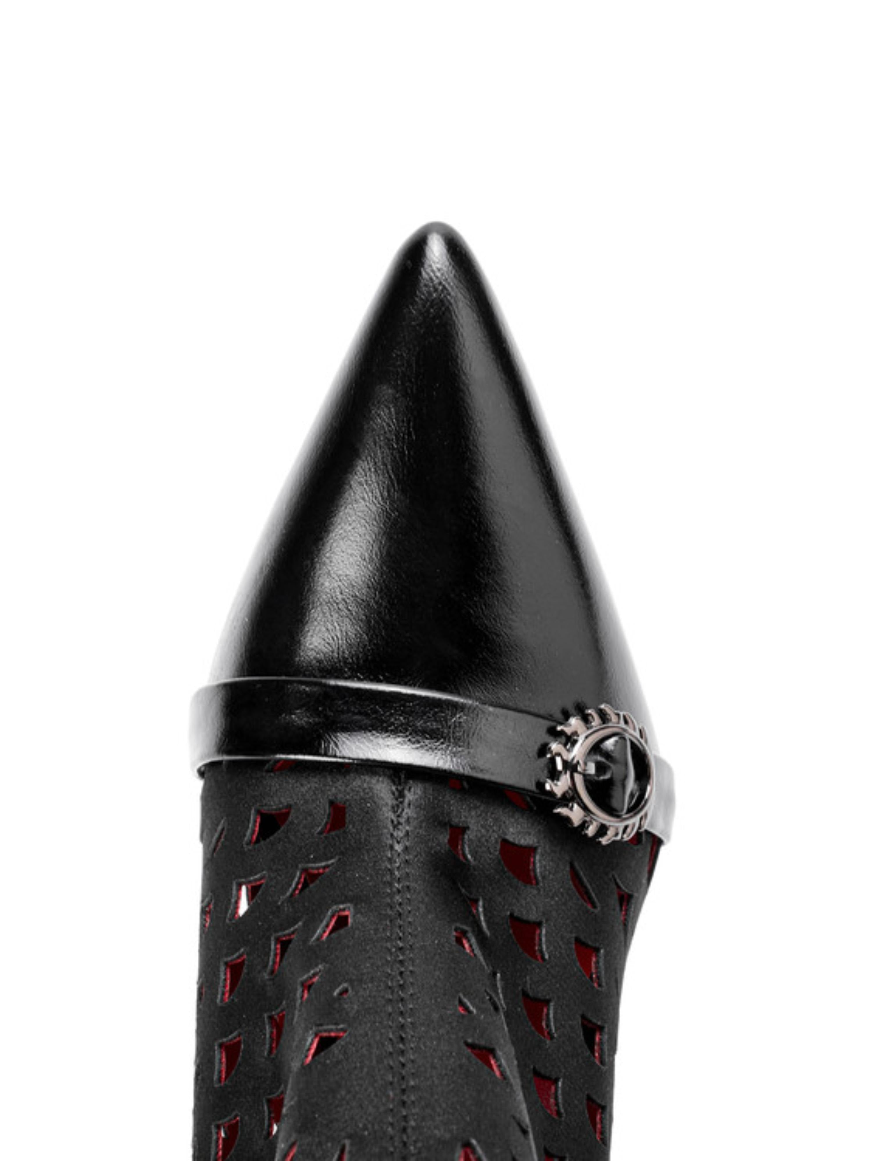 Fang Heel Cutout Knee-High Boots Women Black Sandals