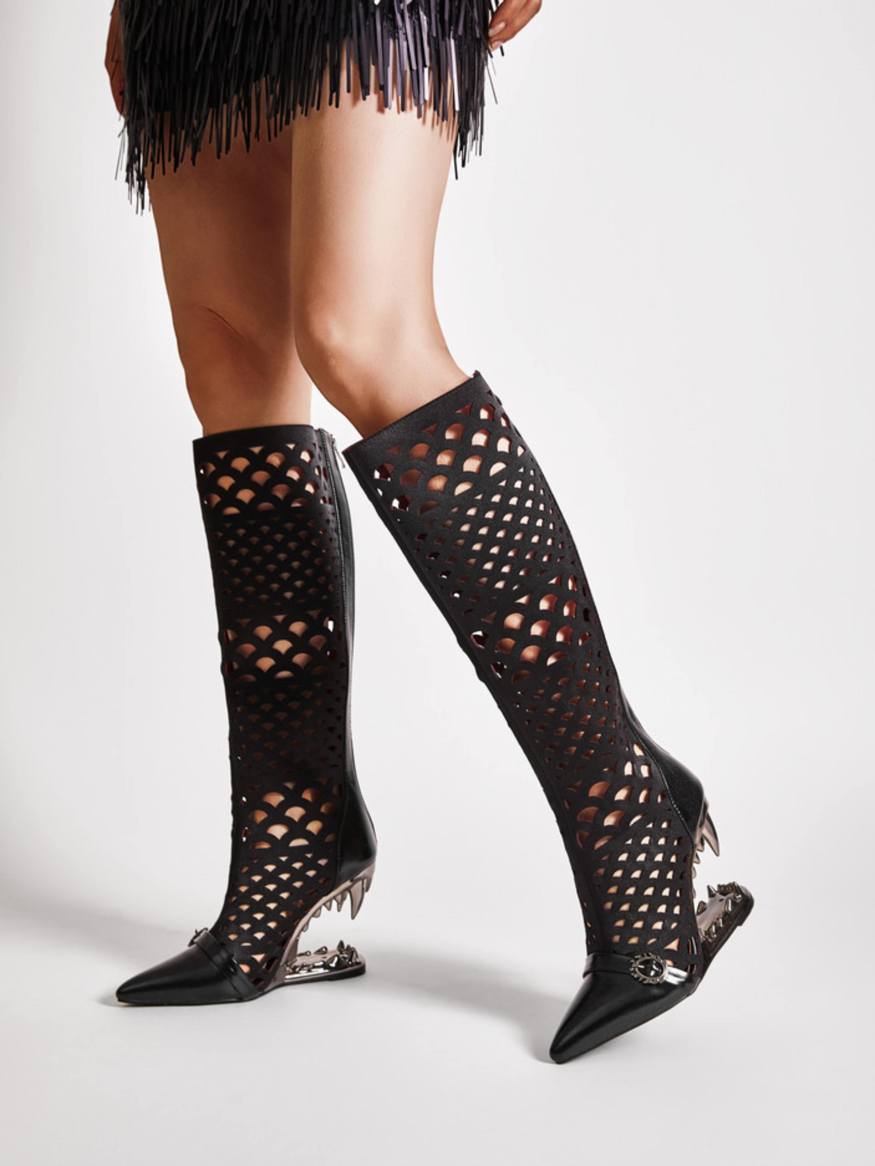 Fang Heel Cutout Knee-High Boots Women Black Sandals