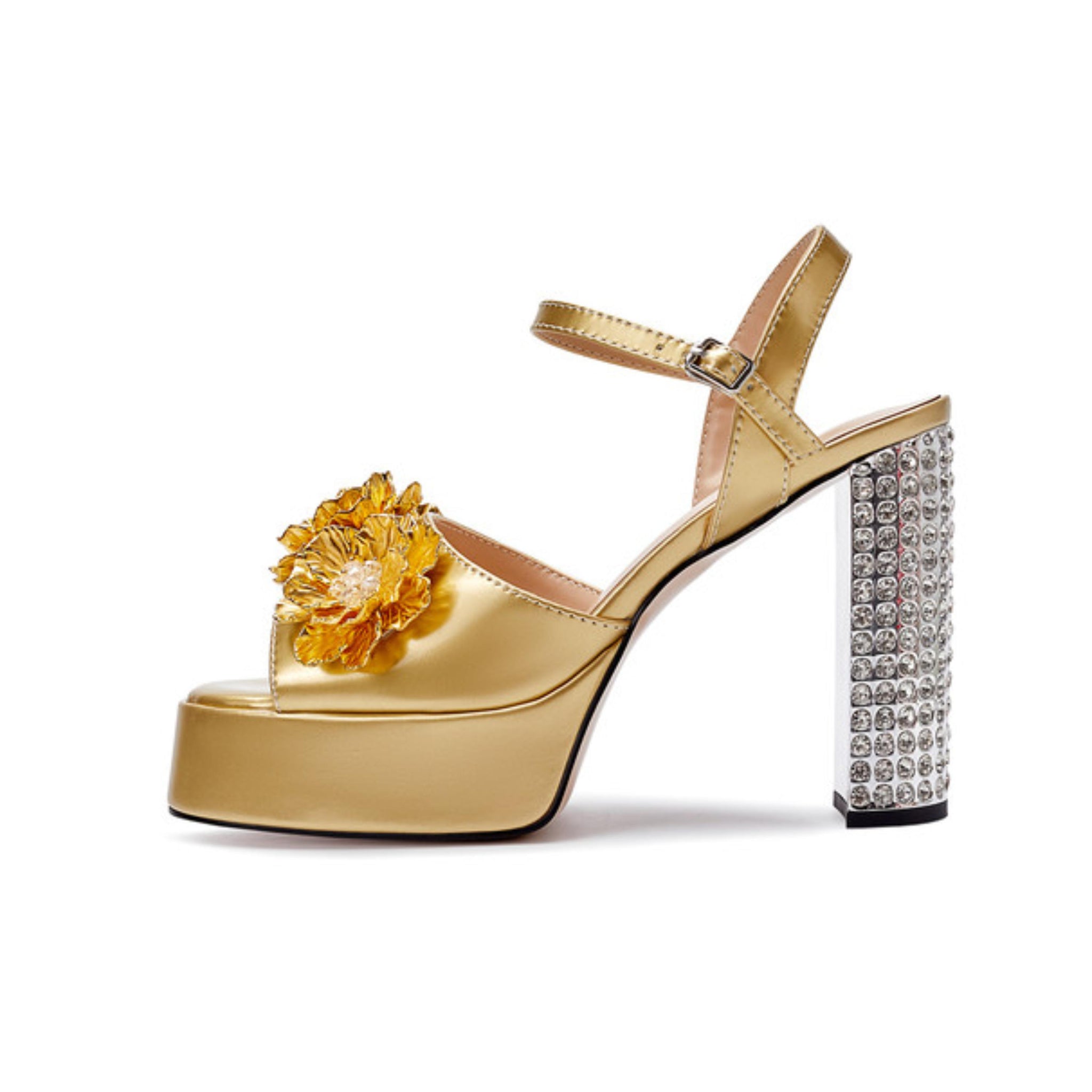 Floral Satin with Rhinestone-Studded Yellow Sandals for Women