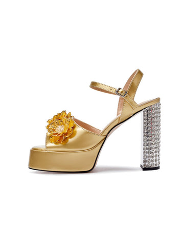 Floral Satin with Rhinestone-Studded Yellow Sandals for Women