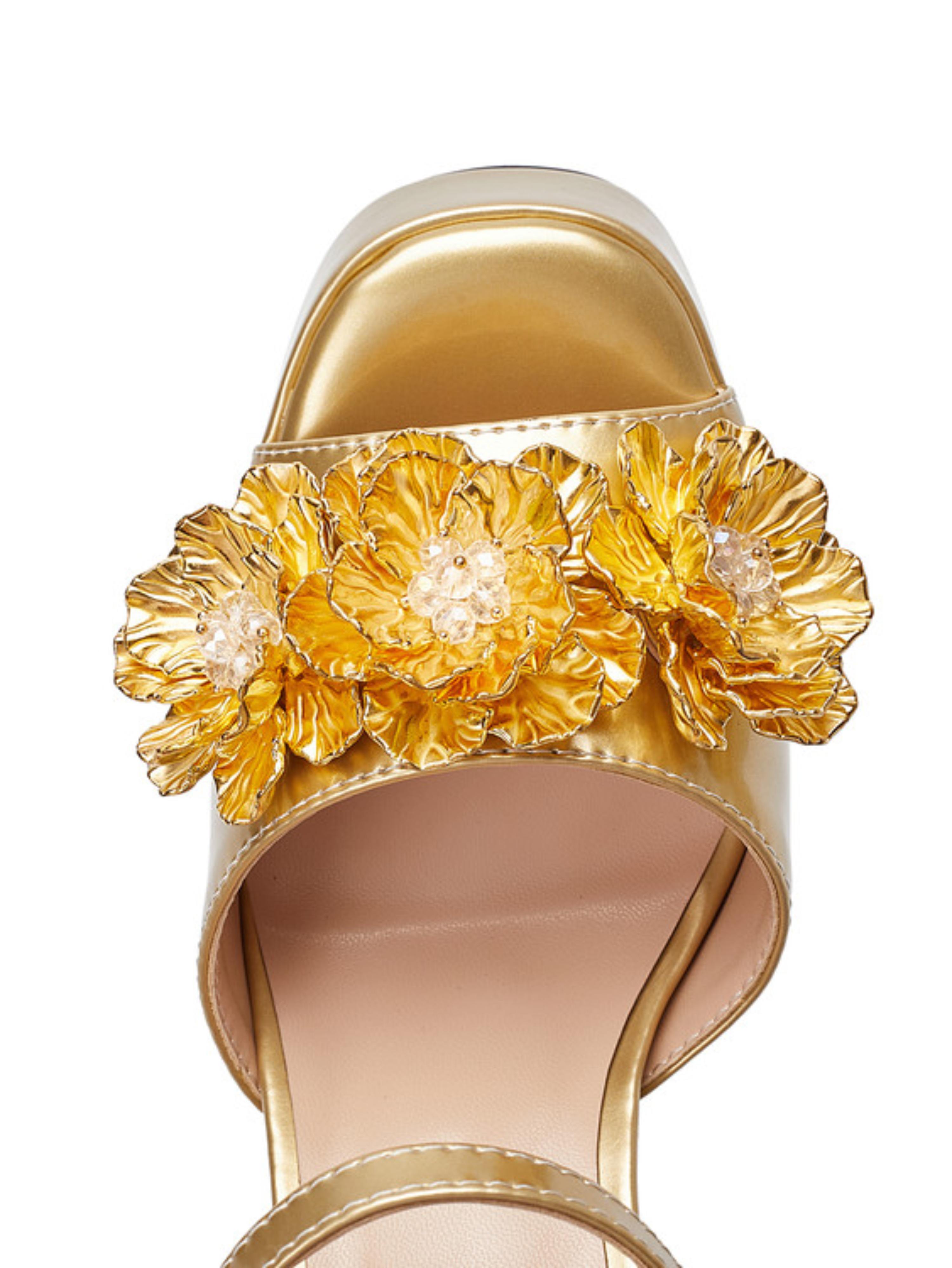 Floral Satin with Rhinestone-Studded Yellow Sandals for Women