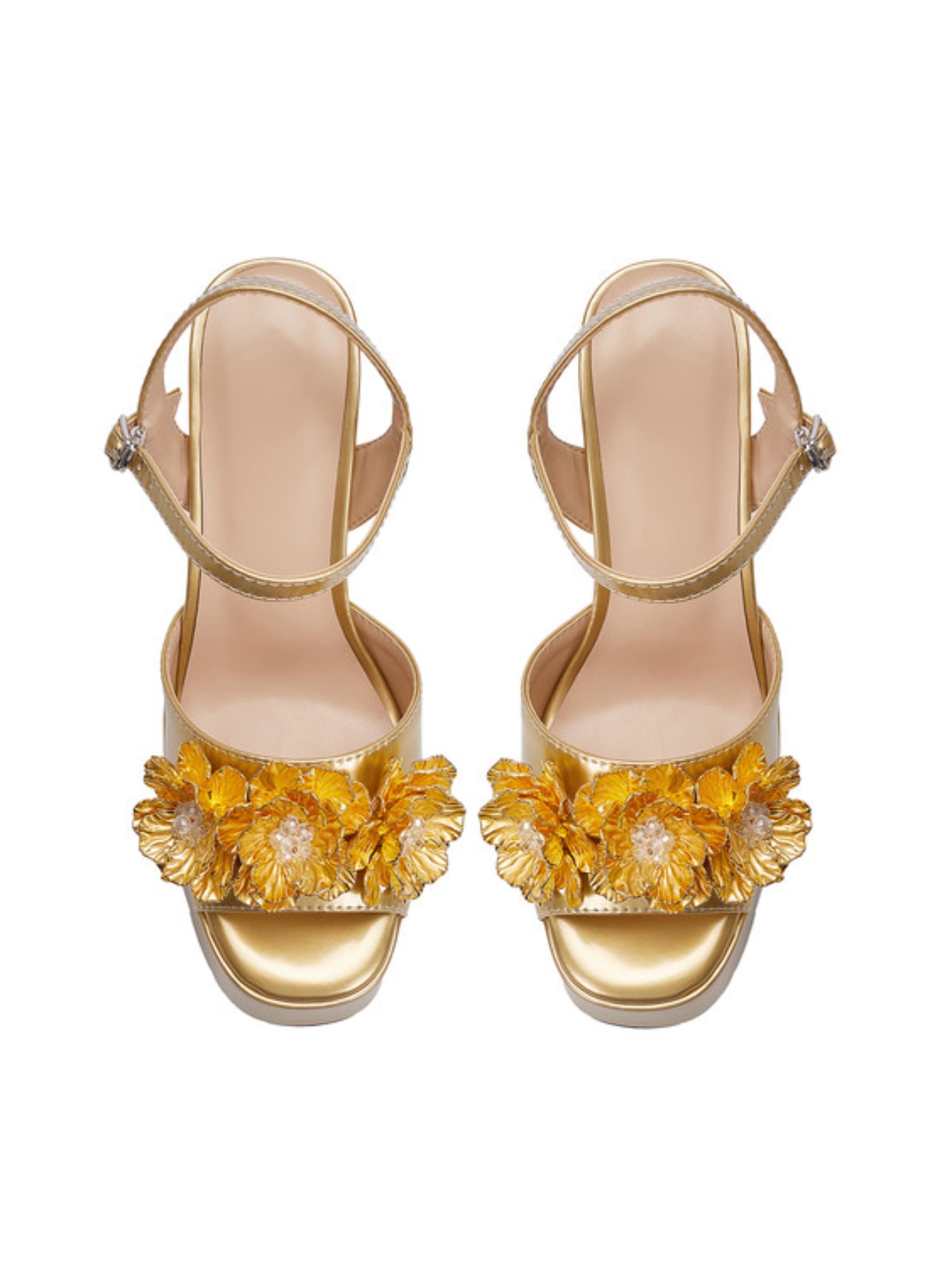 Floral Satin with Rhinestone-Studded Yellow Sandals for Women