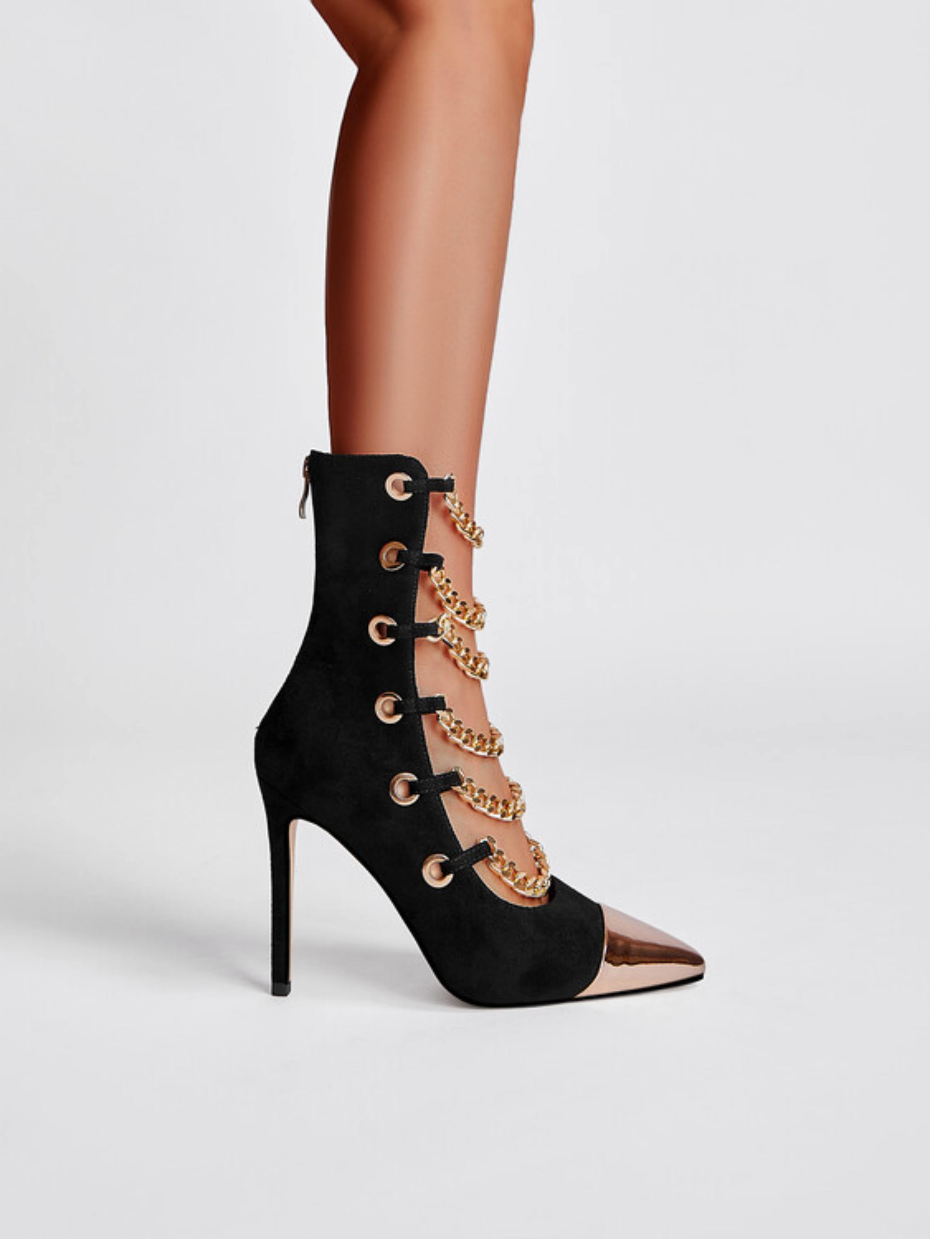 Black Vegan Suede Strappy Chain Stiletto Booties Women's Sandals