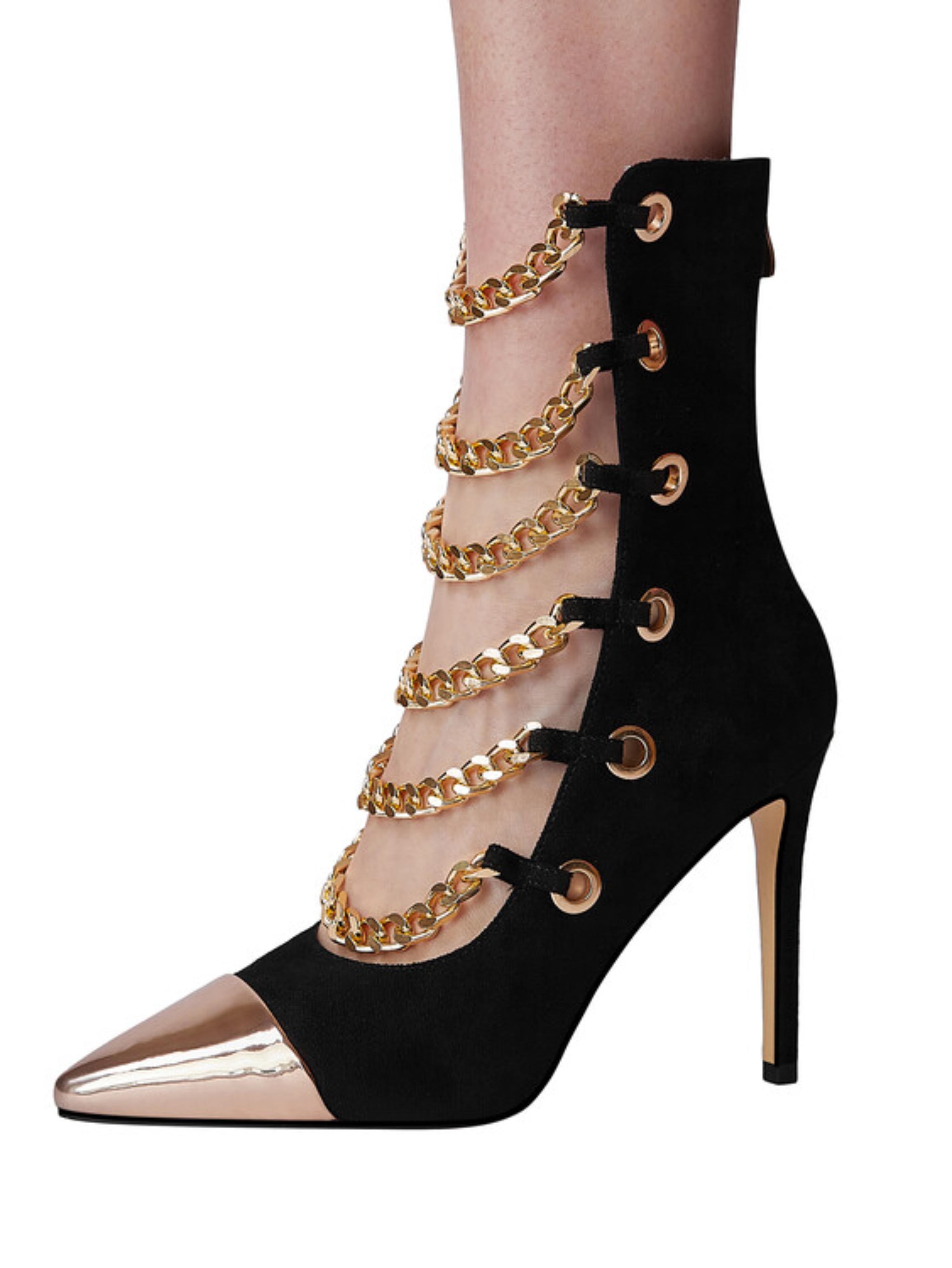 Black Vegan Suede Strappy Chain Stiletto Booties Women's Sandals