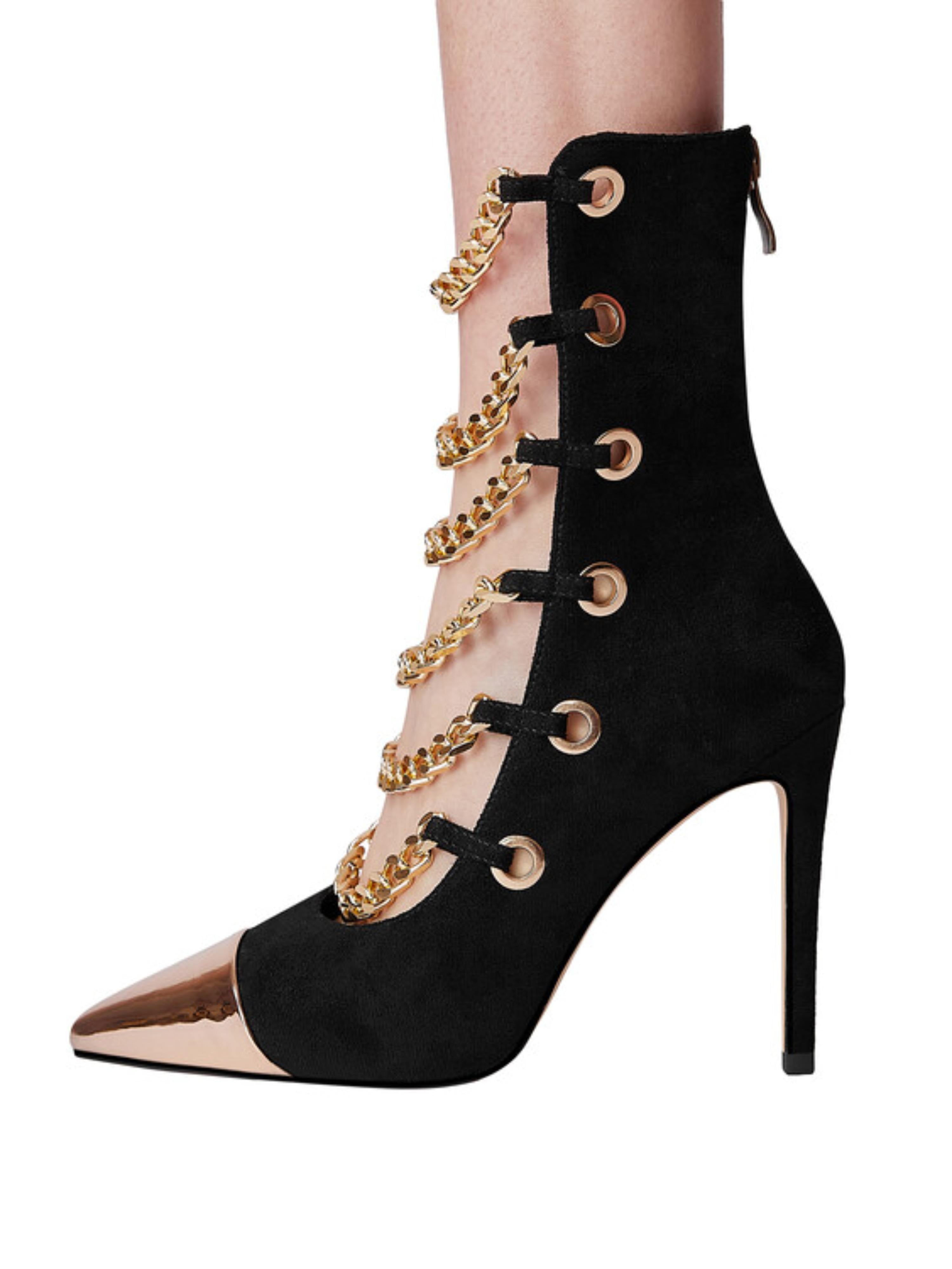 Black Vegan Suede Strappy Chain Stiletto Booties Women's Sandals