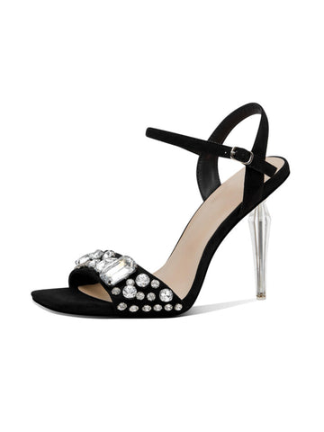 Clear Heel & Sparkle Rhinestone Sandal for Women in Black