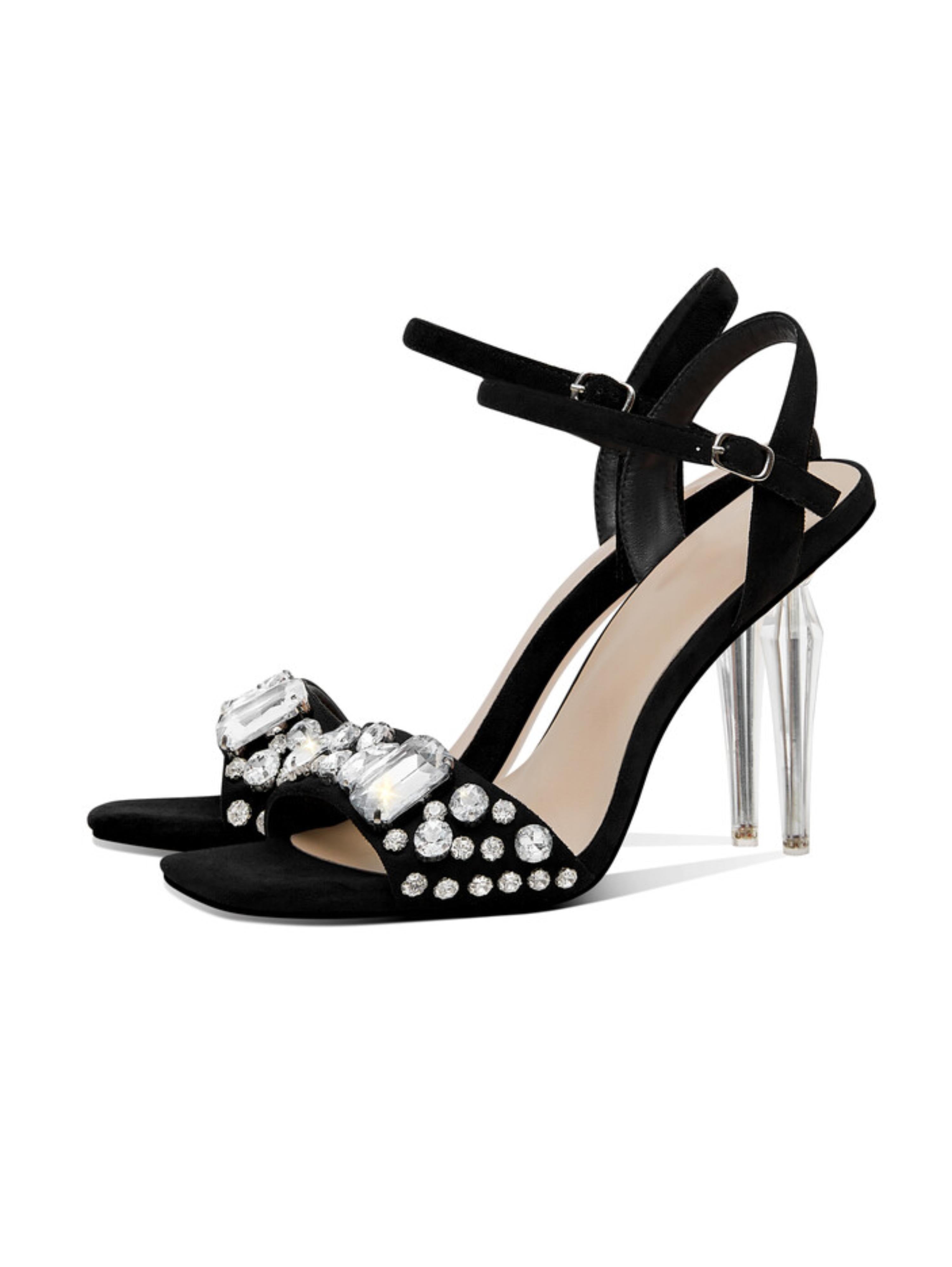 Clear Heel & Sparkle Rhinestone Sandal for Women in Black