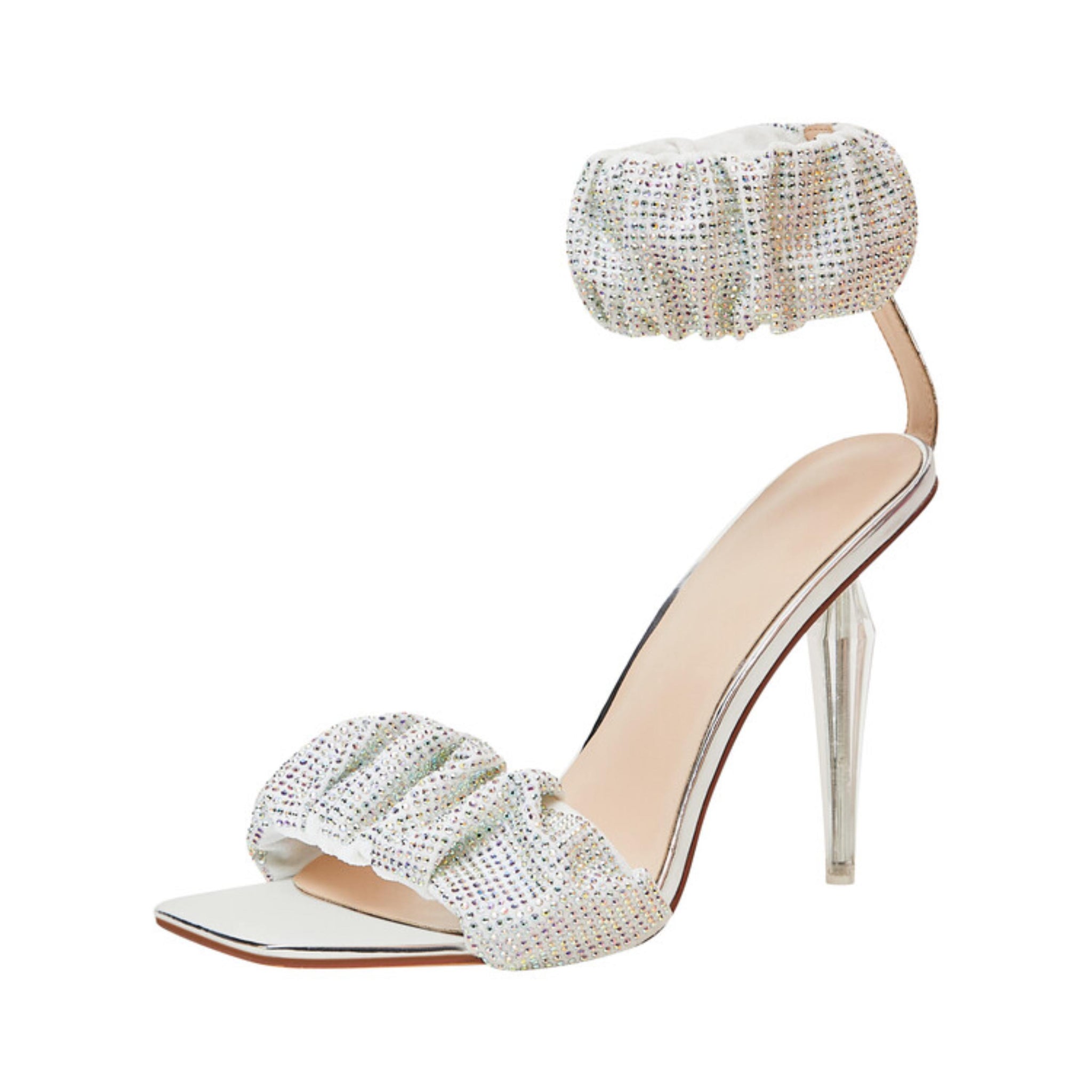 Ruched Rhinestones Silver Sandals for Women
