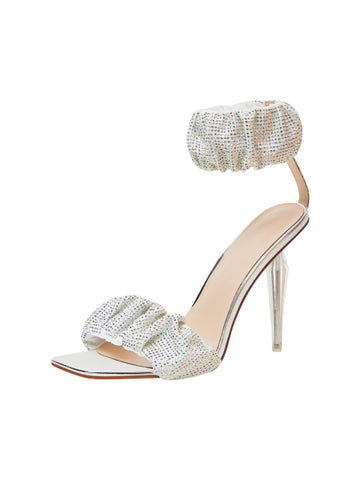 Ruched Rhinestones Silver Sandals for Women