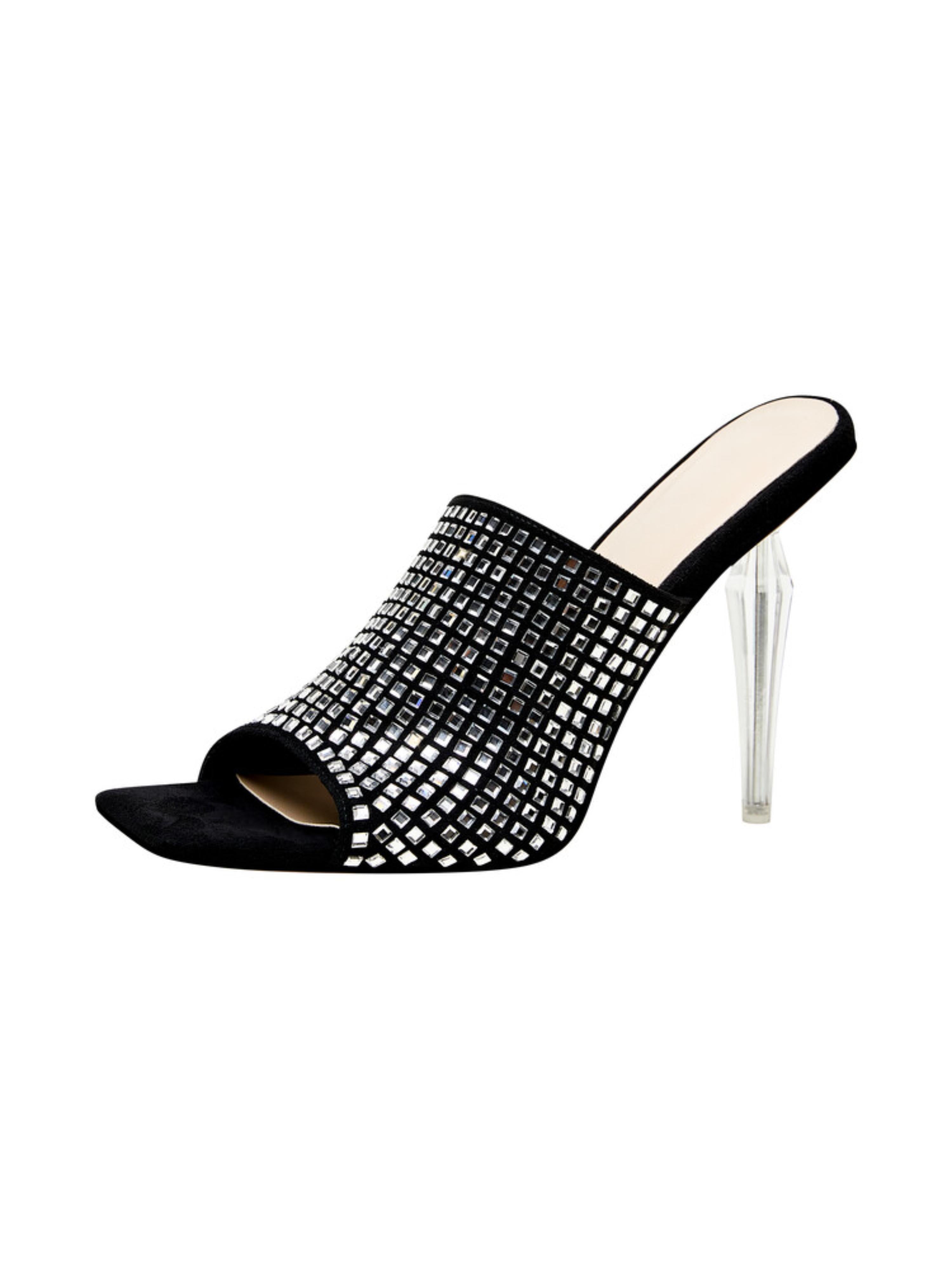 Women's Dazzling Rhinestone Black Sandals with Clear Stiletto Heels
