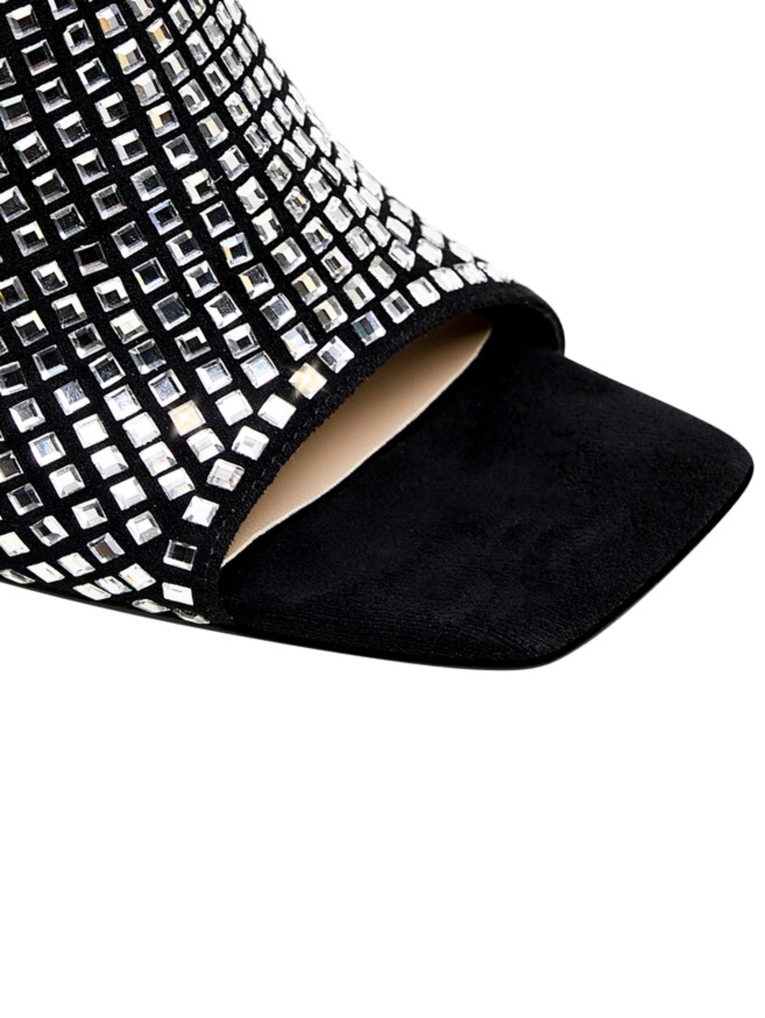 Women's Dazzling Rhinestone Black Sandals with Clear Stiletto Heels