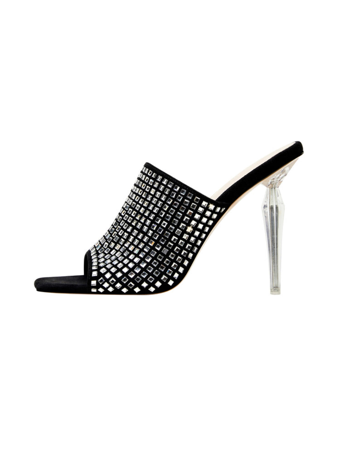 Women's Dazzling Rhinestone Black Sandals with Clear Stiletto Heels