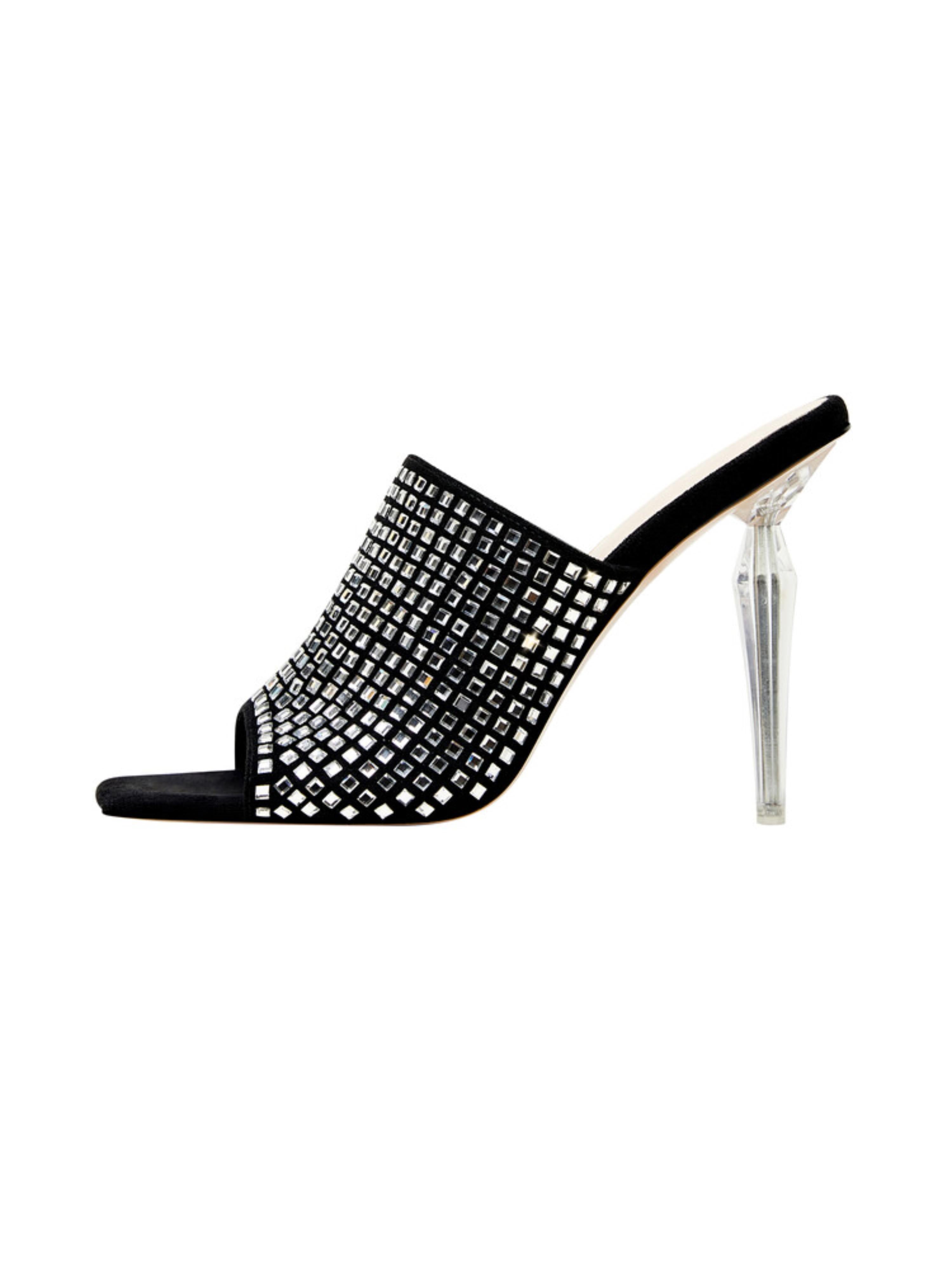 Women's Dazzling Rhinestone Black Sandals with Clear Stiletto Heels