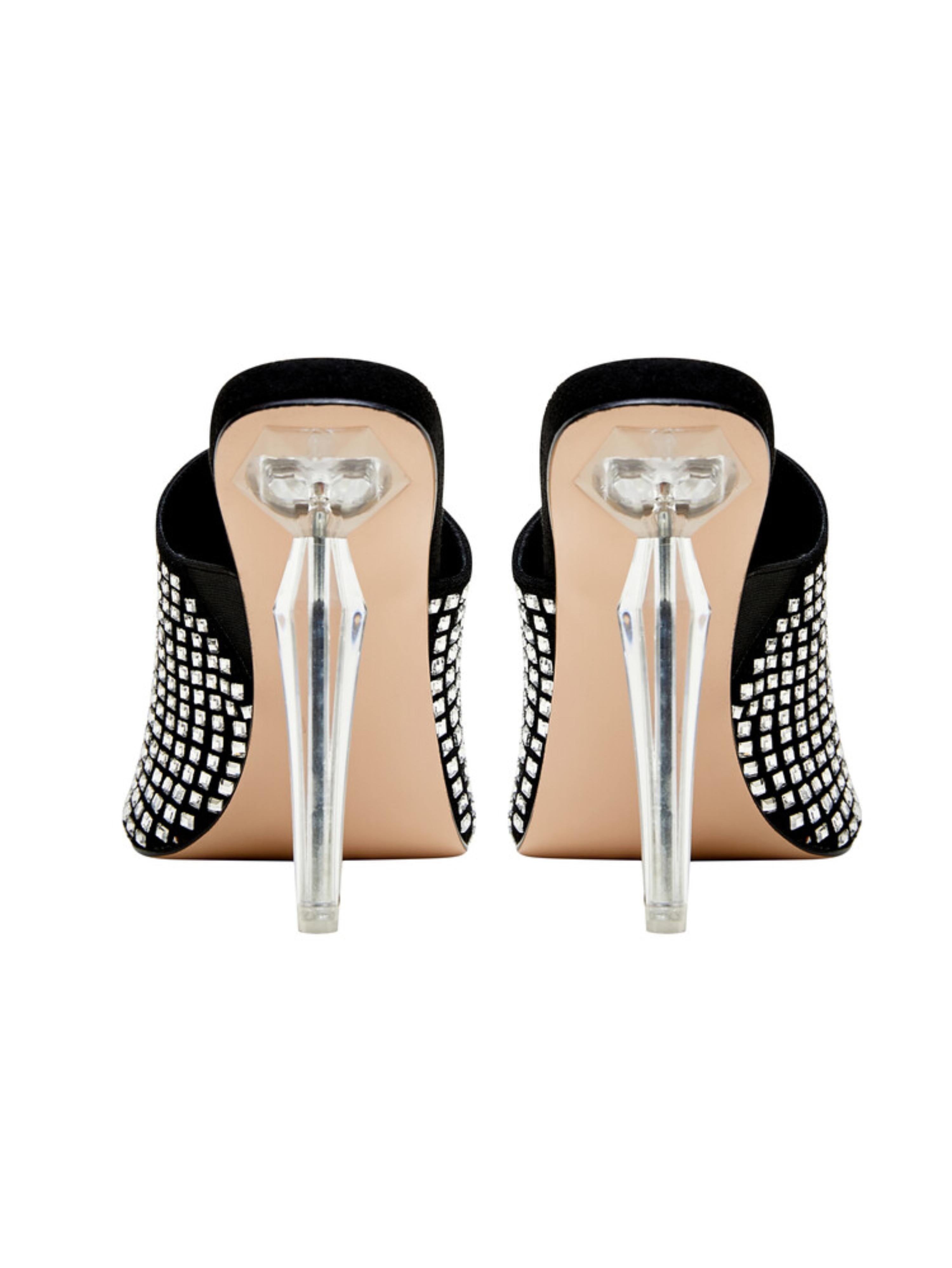 Women's Dazzling Rhinestone Black Sandals with Clear Stiletto Heels