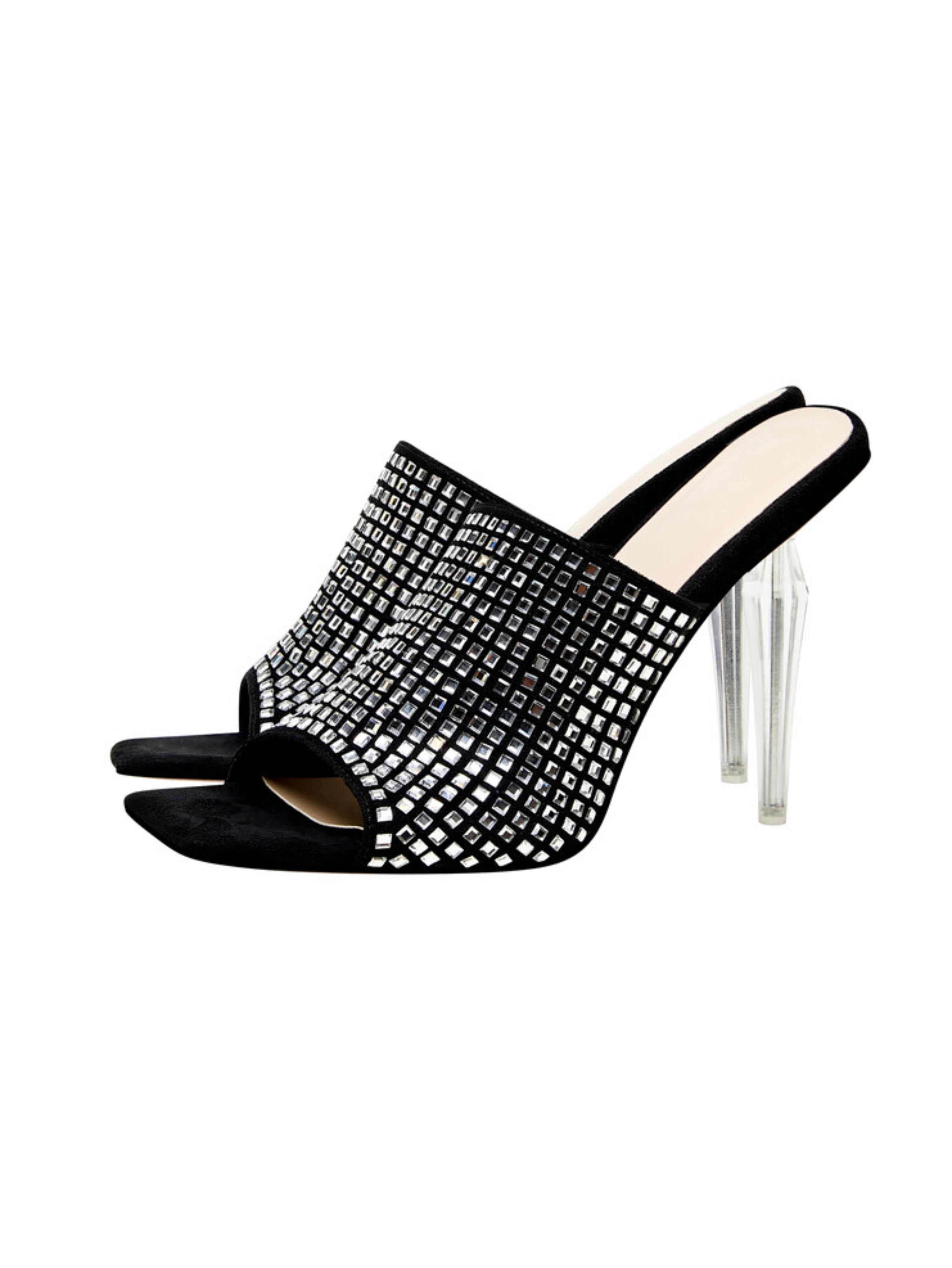 Women's Dazzling Rhinestone Black Sandals with Clear Stiletto Heels