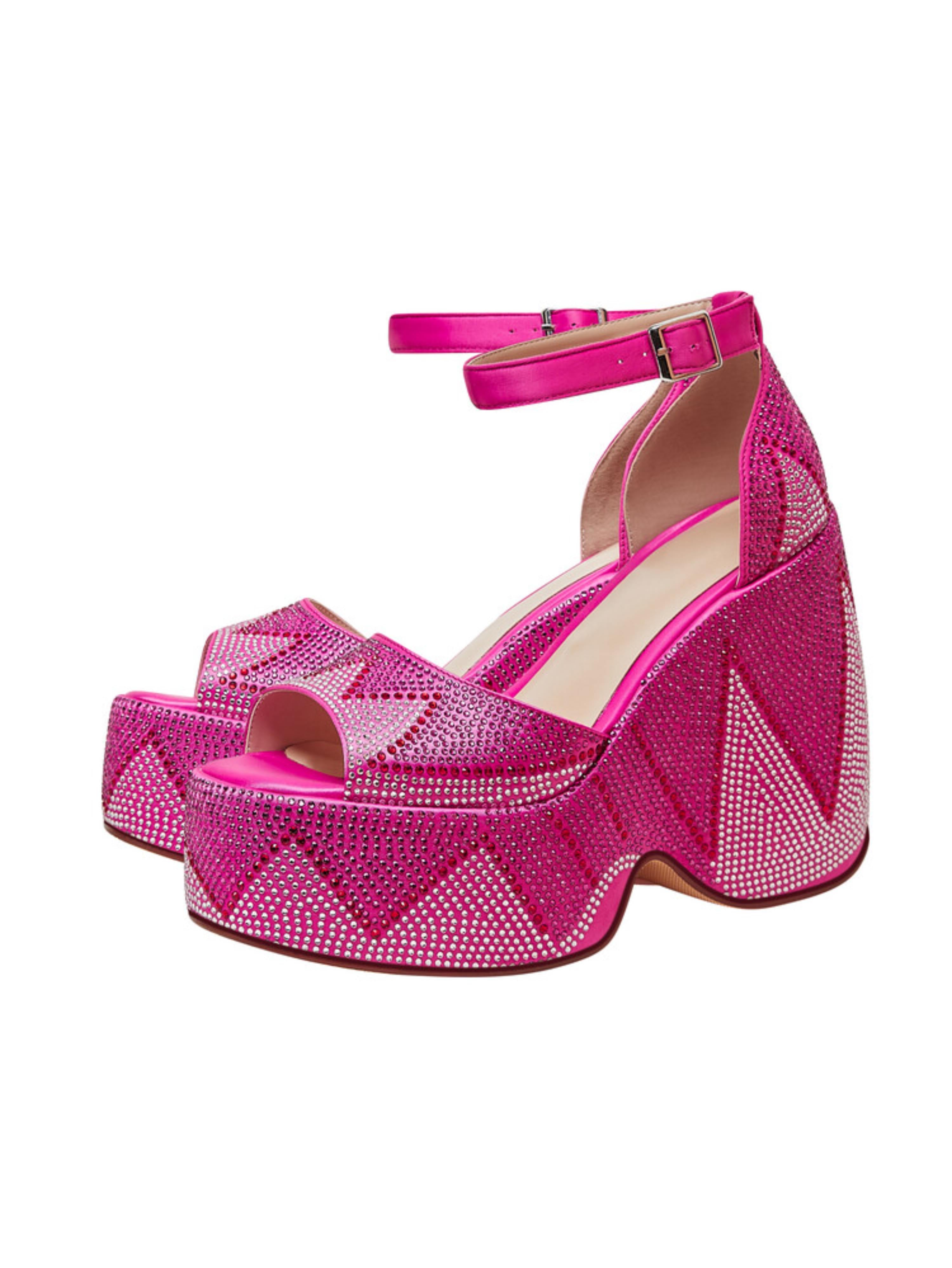 Hot Pink Rhinestone Wedge Platform Sandals for Women