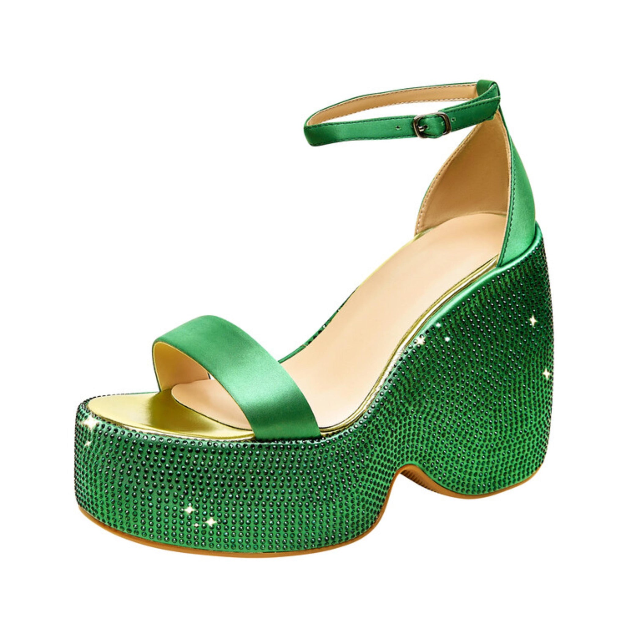 Green Block Heel Platform Women's Sandals with Rhinestones