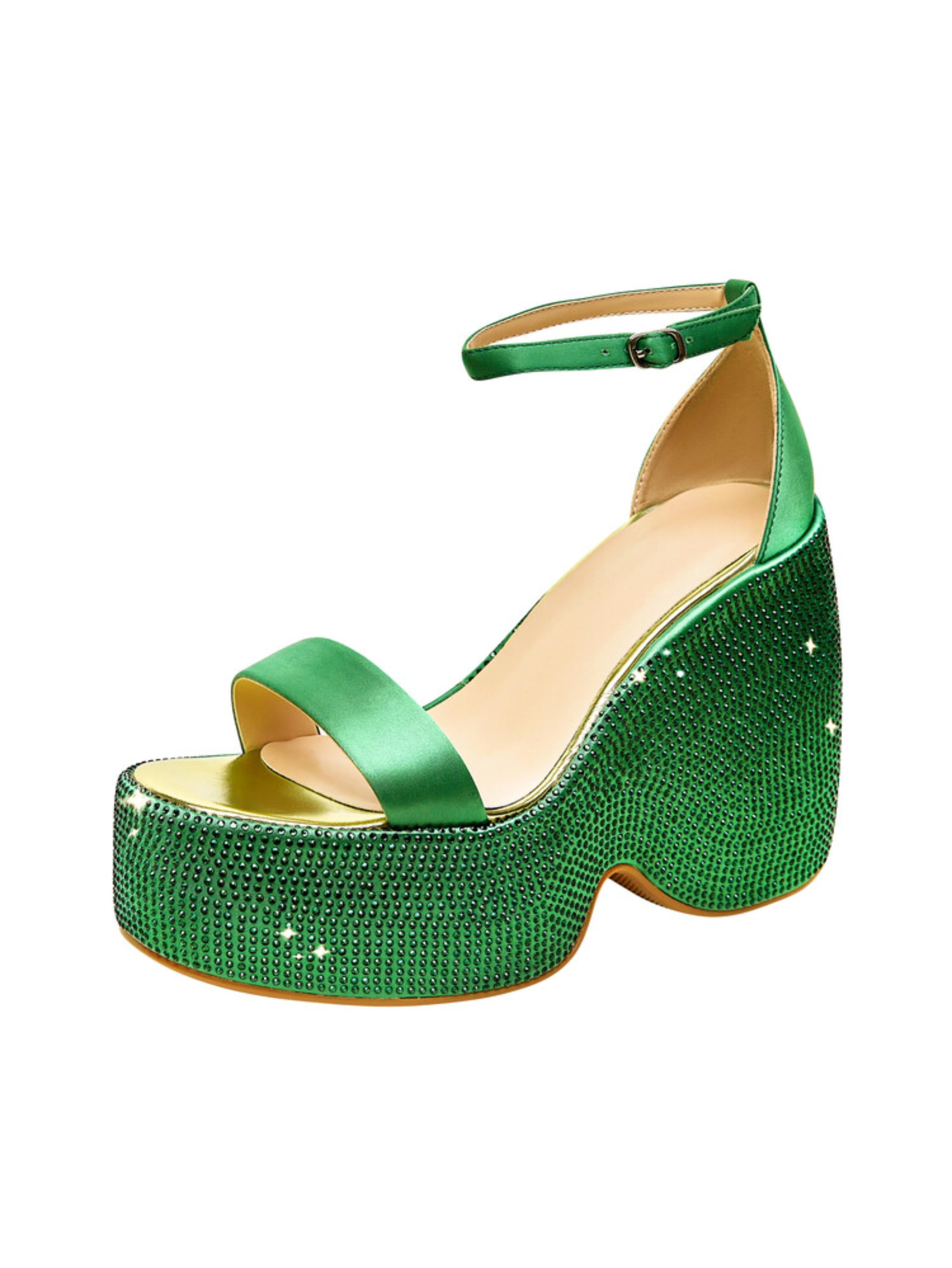 Green Block Heel Platform Women's Sandals with Rhinestones