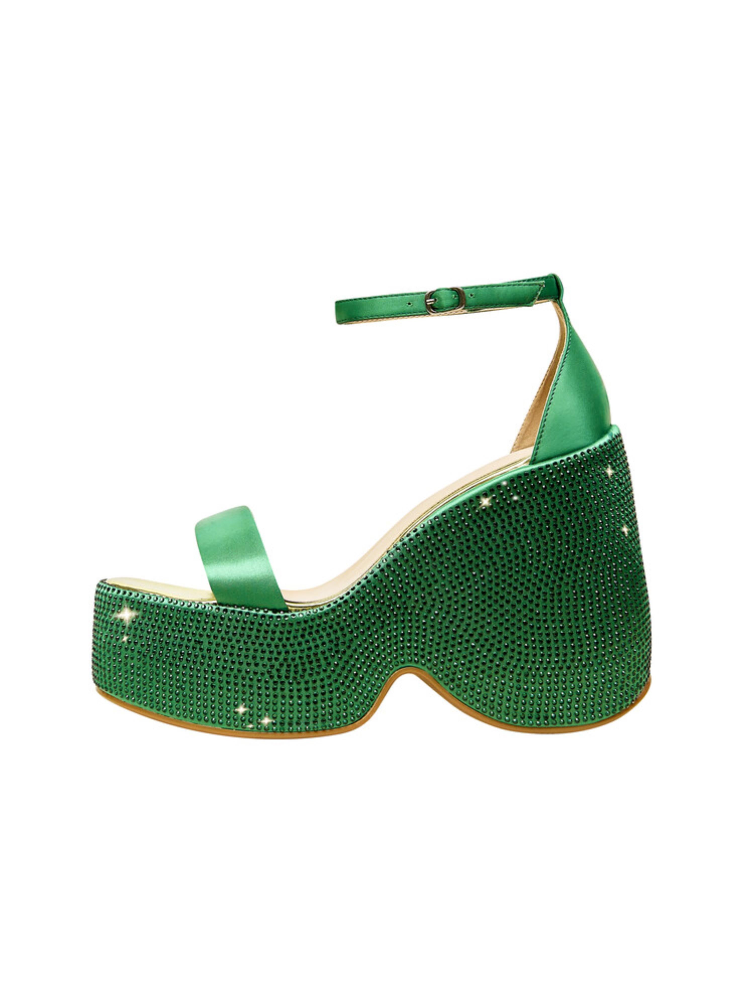 Green Block Heel Platform Women's Sandals with Rhinestones