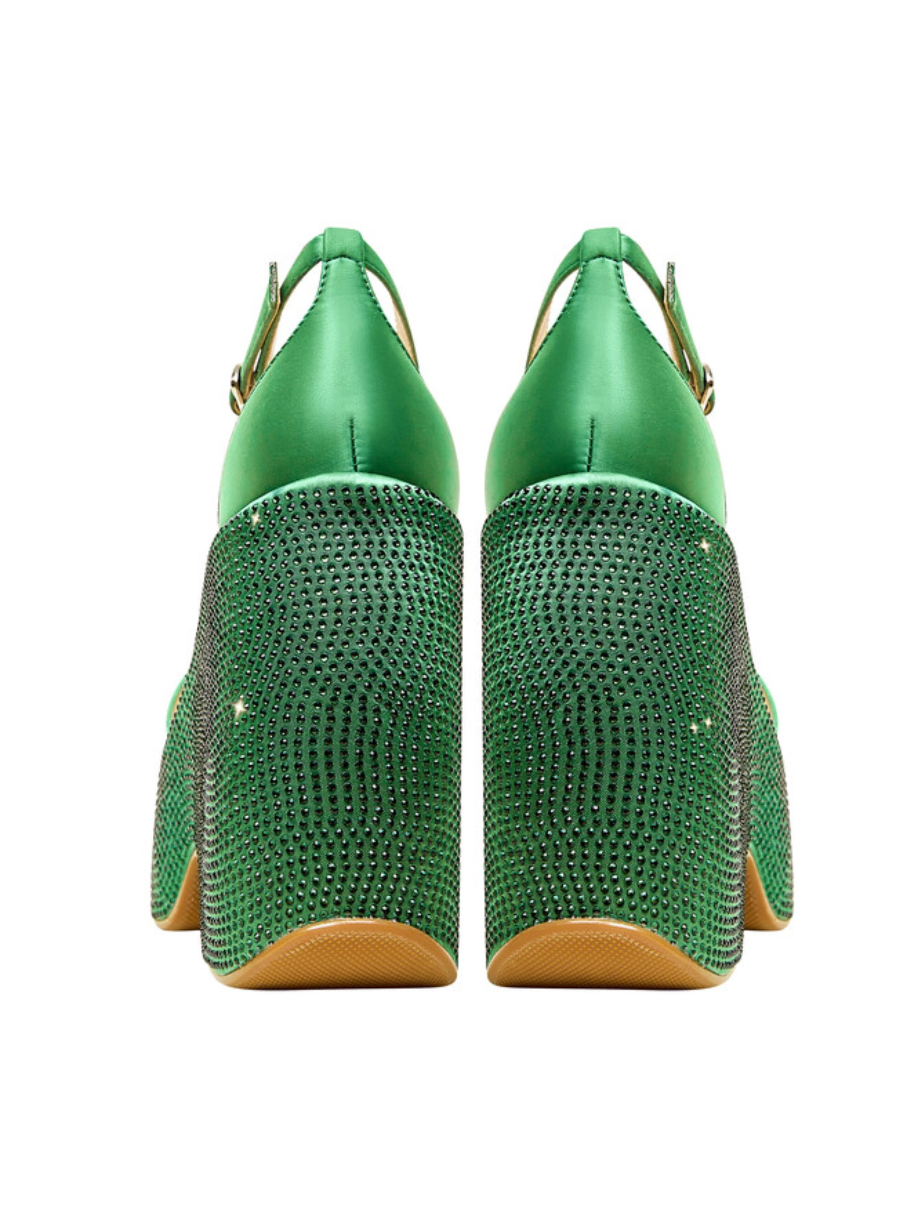 Green Block Heel Platform Women's Sandals with Rhinestones