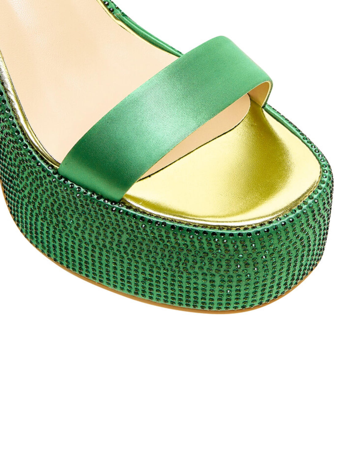 Green Block Heel Platform Women's Sandals with Rhinestones