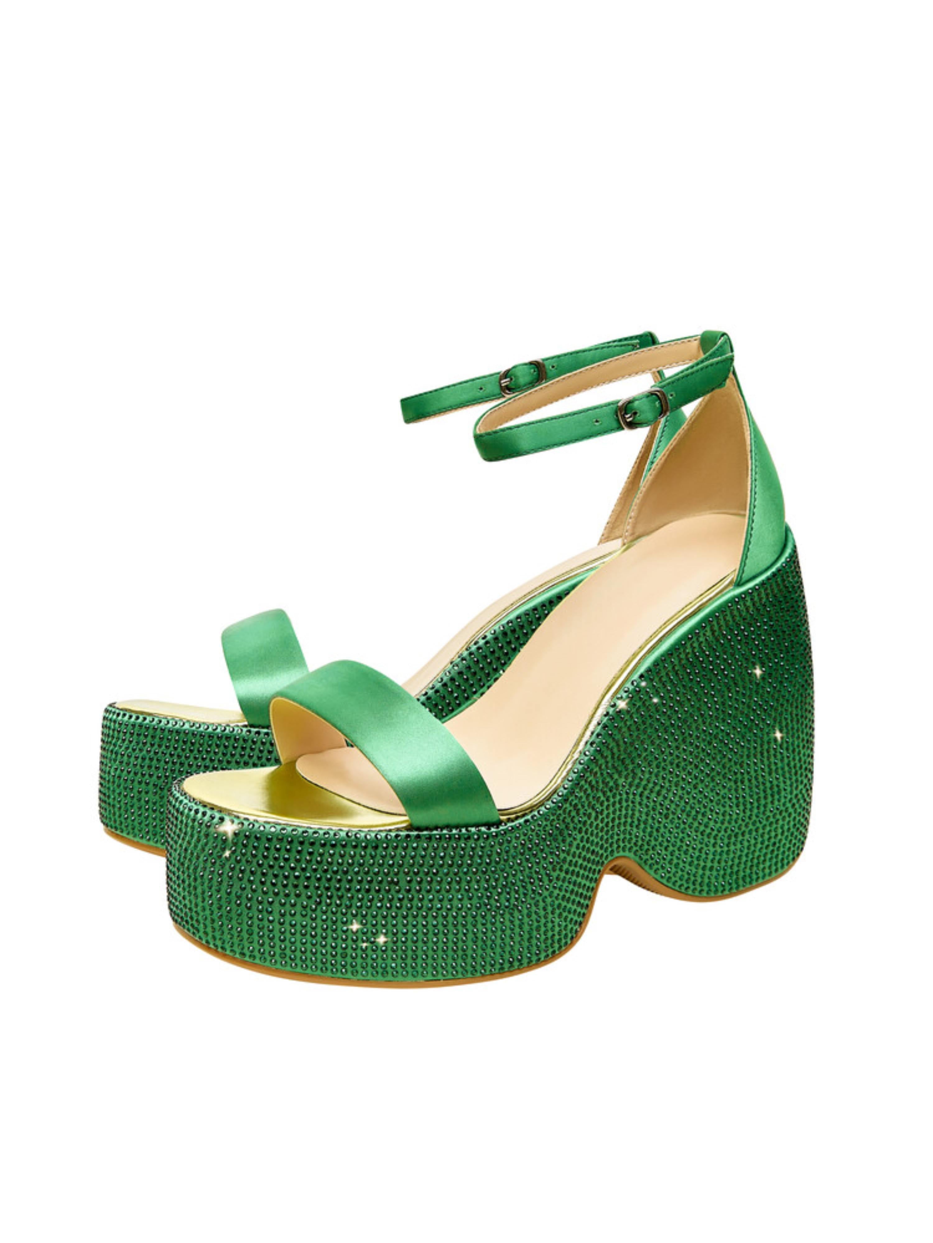 Green Block Heel Platform Women's Sandals with Rhinestones