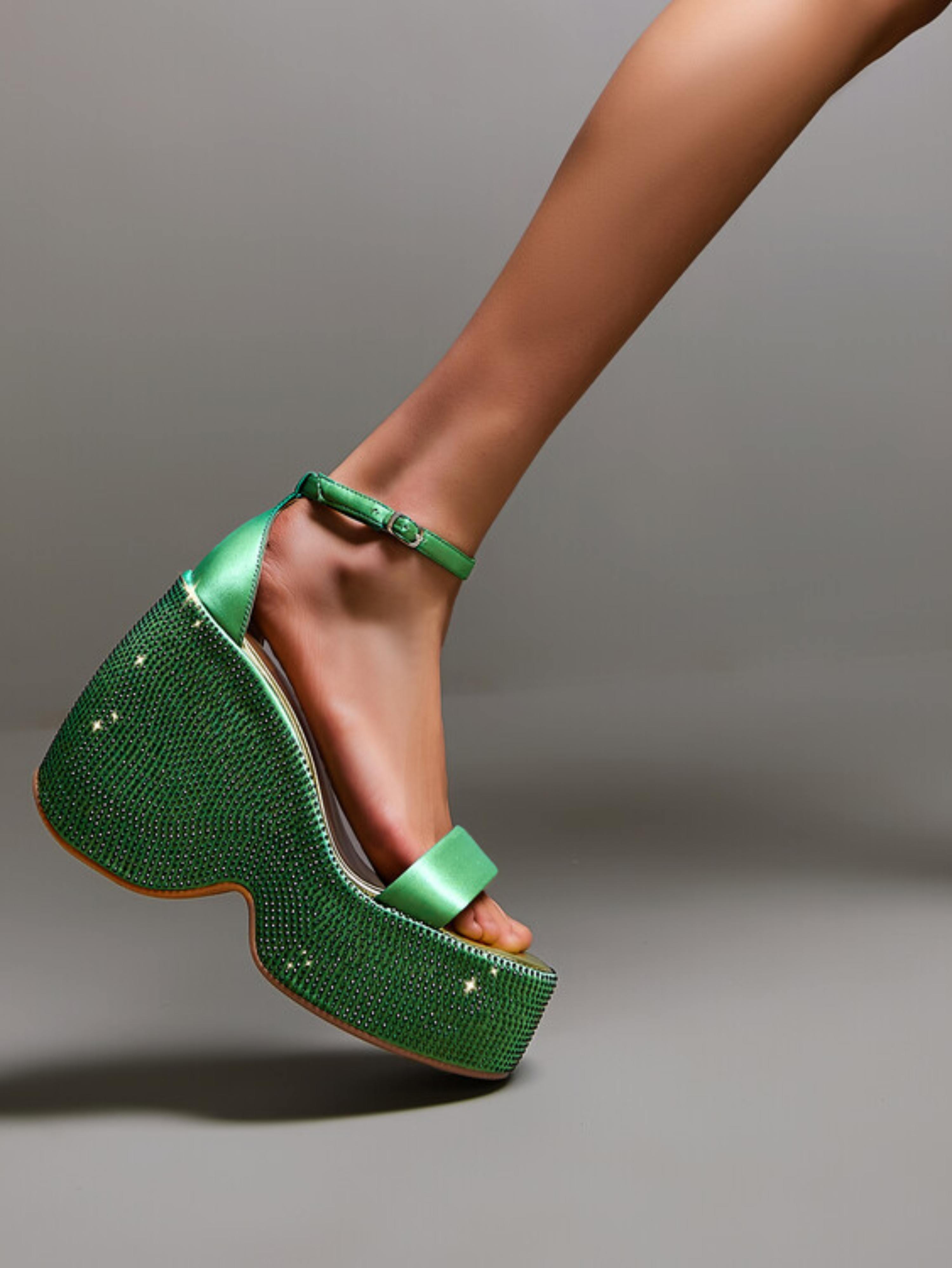 Green Block Heel Platform Women's Sandals with Rhinestones