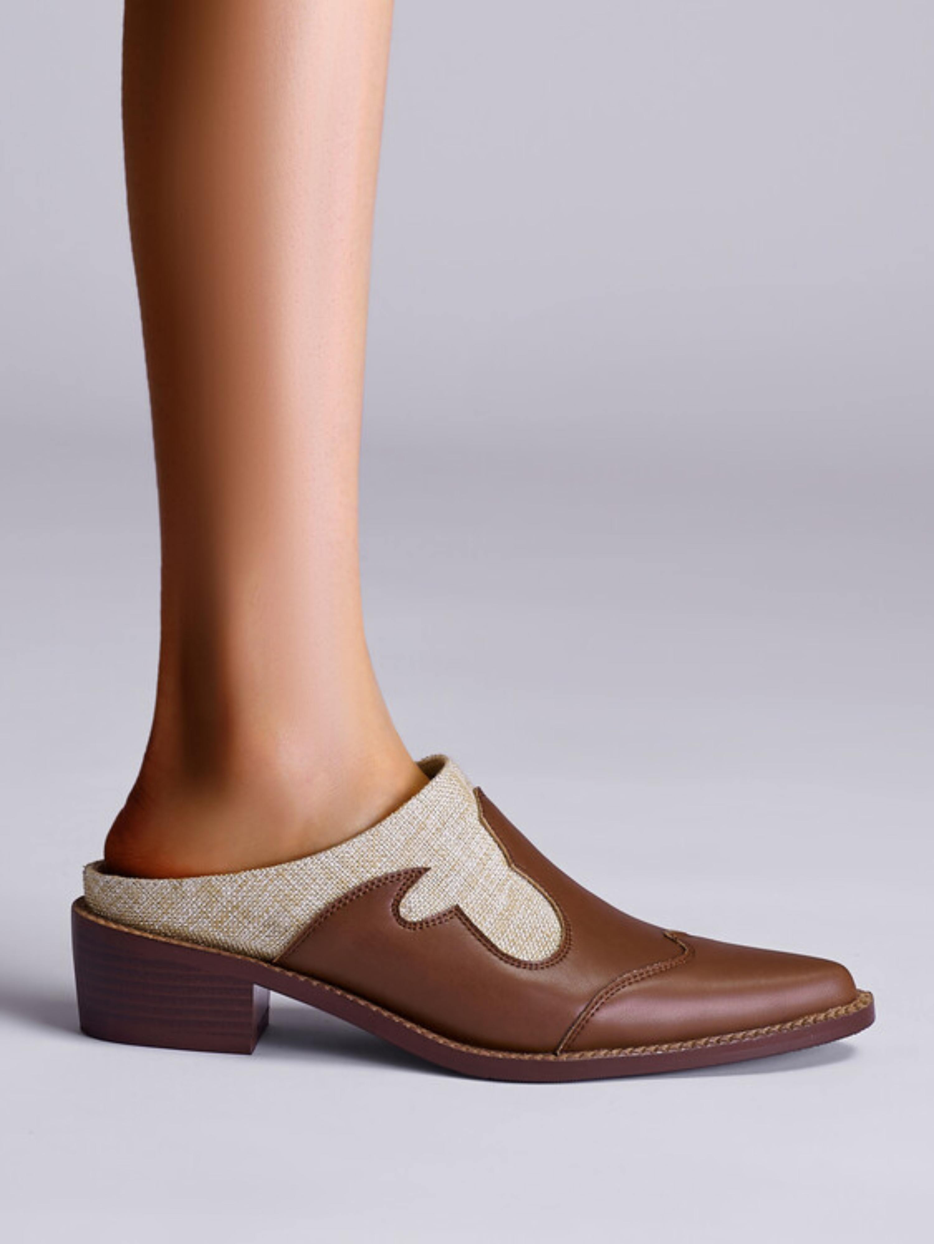 Two-Tone Weatern Mules Block Heel Sandals for Women