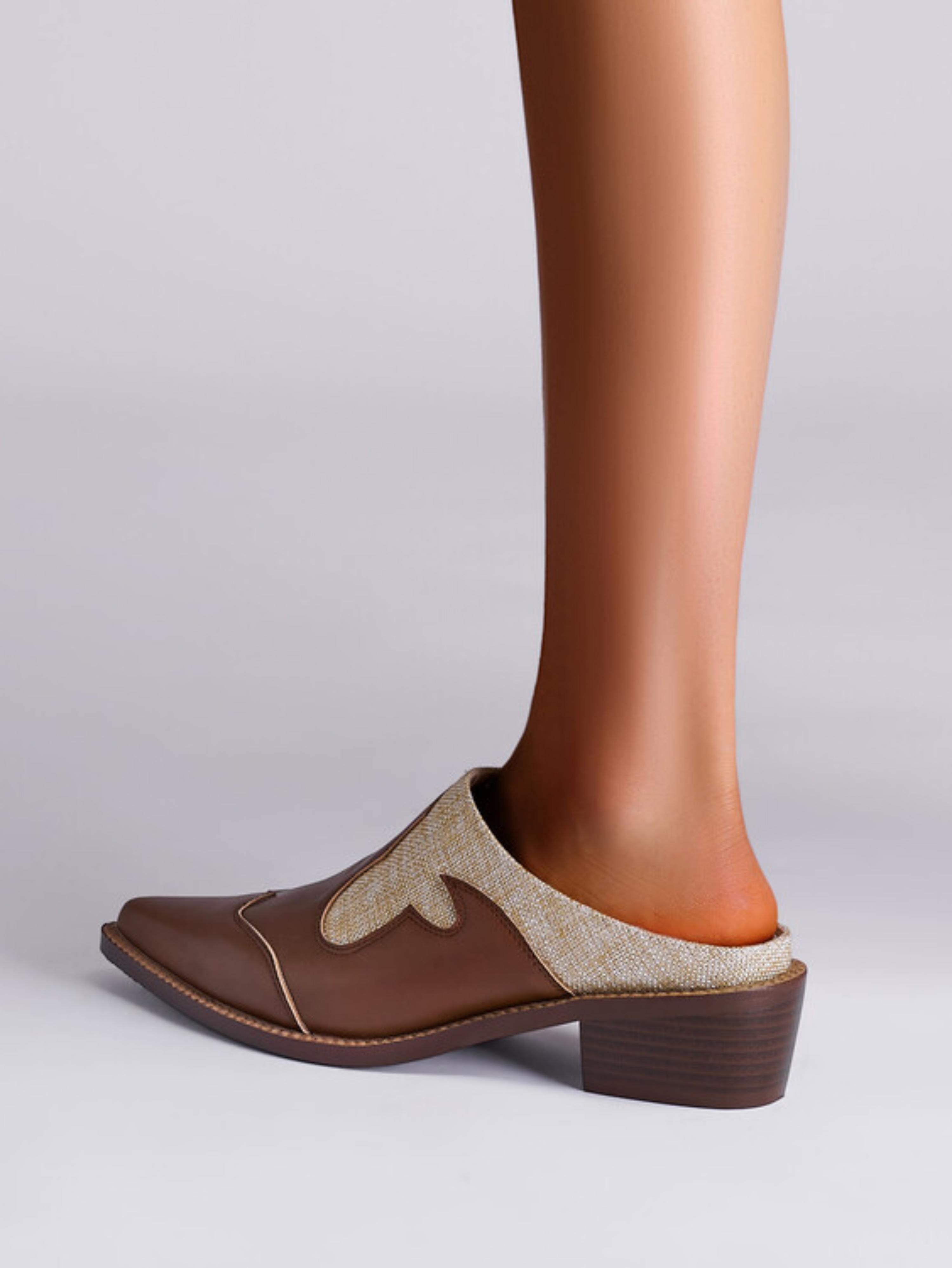 Two-Tone Weatern Mules Block Heel Sandals for Women